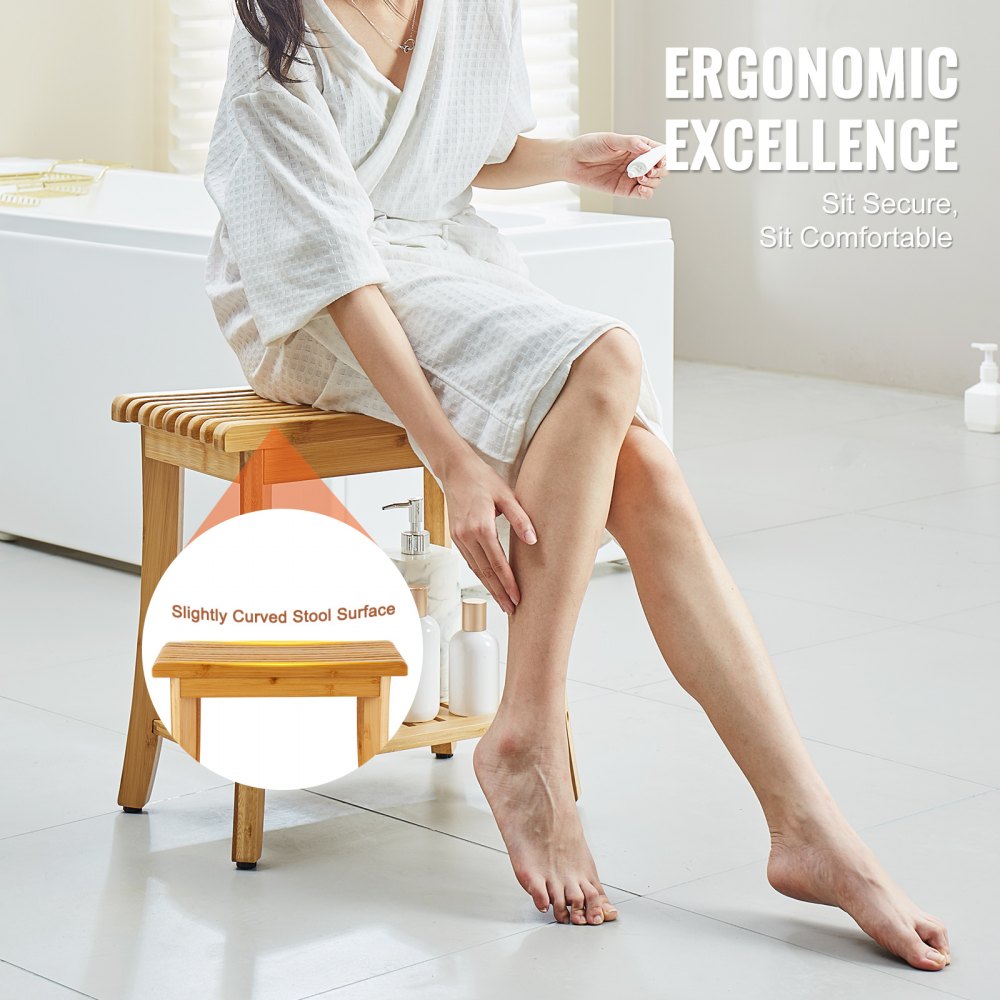 Banco de ducha de bambú VEVOR, 19,1 x 11,3 x 18,3 pulgadas, taburete de ducha impermeable con estante de almacenamiento, capacidad de carga de 330 libras, organizador de asiento de bañera de spa, para adultos, mujeres mayores, ancianos, interiores y exteriores