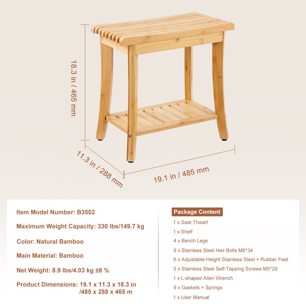 Banco de ducha de bambú VEVOR, 19,1 x 11,3 x 18,3 pulgadas, taburete de ducha impermeable con estante de almacenamiento, capacidad de carga de 330 libras, organizador de asiento de bañera de spa, para adultos, mujeres mayores, ancianos, interiores y exteriores