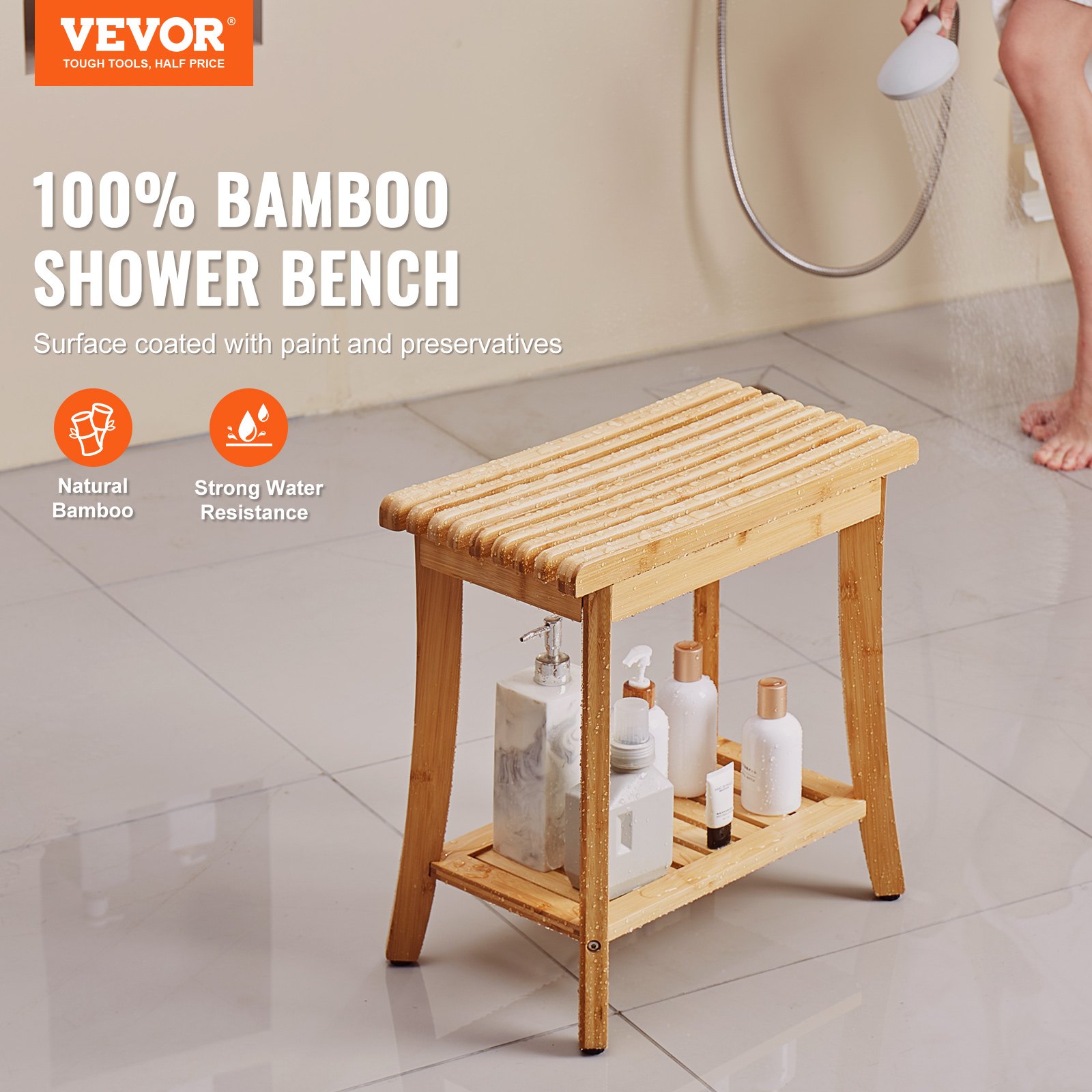 Banco de ducha de bambú VEVOR, 19,1 x 11,3 x 18,3 pulgadas, taburete de ducha impermeable con estante de almacenamiento, capacidad de carga de 330 libras, organizador de asiento de bañera de spa, para adultos, mujeres mayores, ancianos, interiores y exteriores