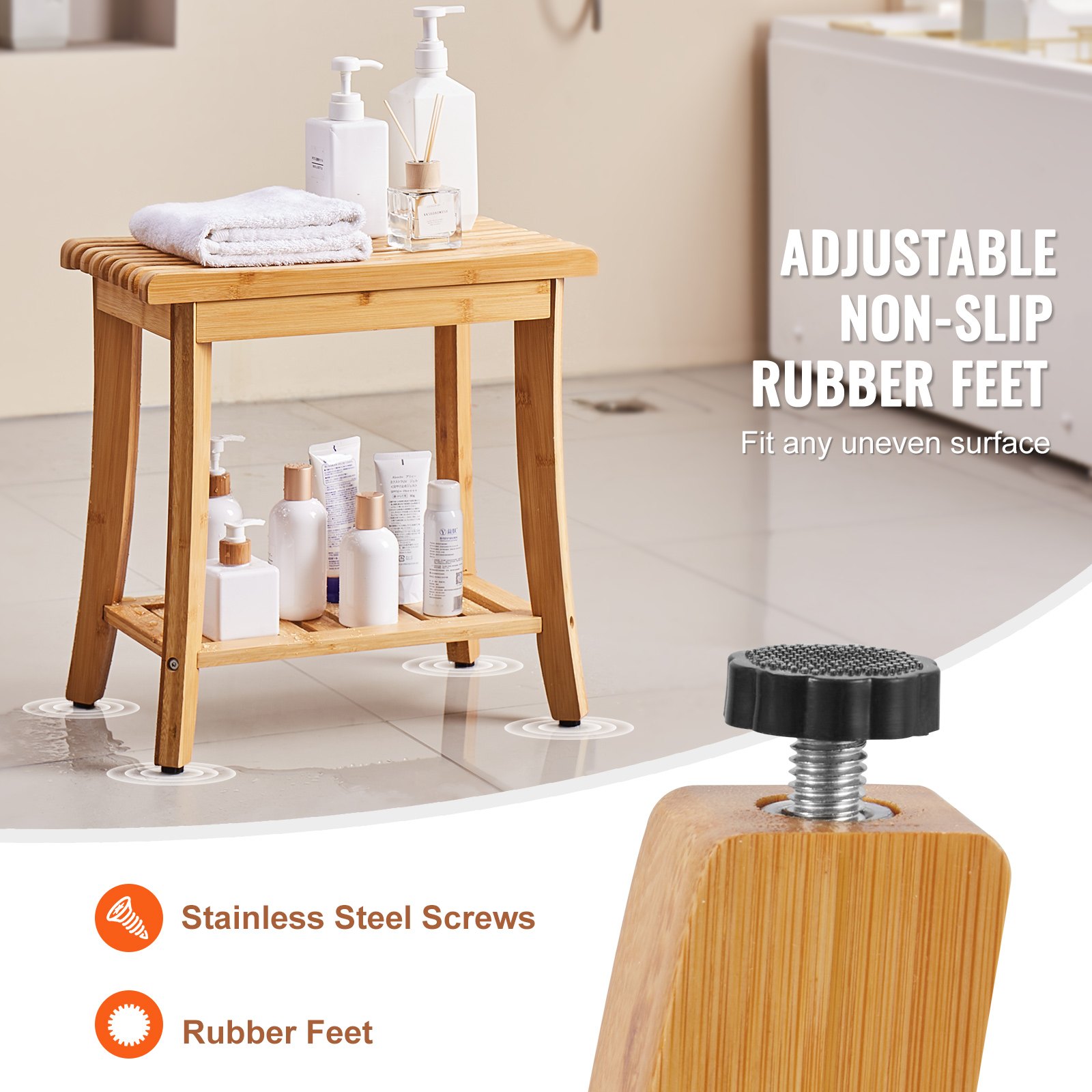 Banco de ducha de bambú VEVOR, 19,1 x 11,3 x 18,3 pulgadas, taburete de ducha impermeable con estante de almacenamiento, capacidad de carga de 330 libras, organizador de asiento de bañera de spa, para adultos, mujeres mayores, ancianos, interiores y exteriores