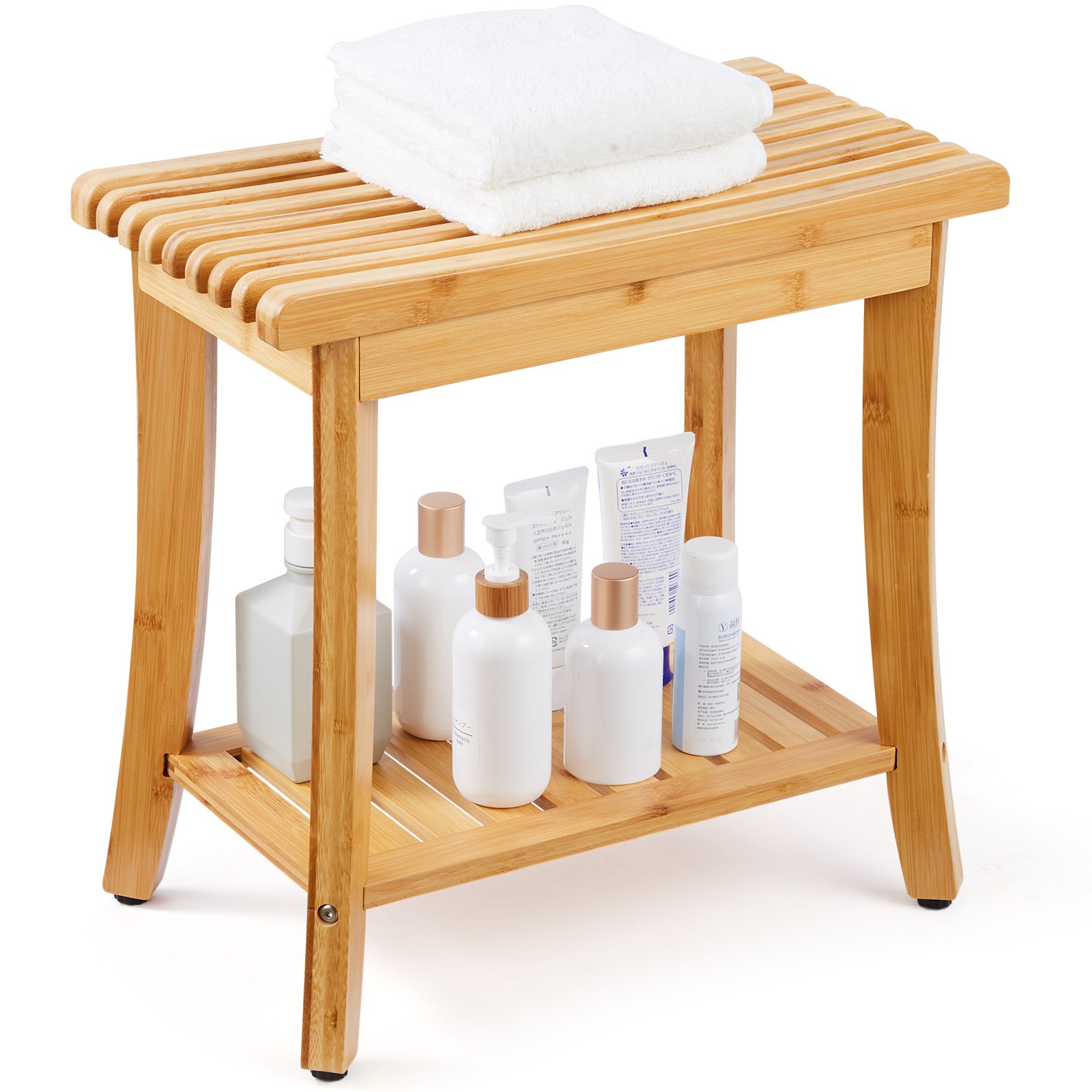 Banco de ducha de bambú VEVOR, 19,1 x 11,3 x 18,3 pulgadas, taburete de ducha impermeable con estante de almacenamiento, capacidad de carga de 330 libras, organizador de asiento de bañera de spa, para adultos, mujeres mayores, ancianos, interiores y exteriores