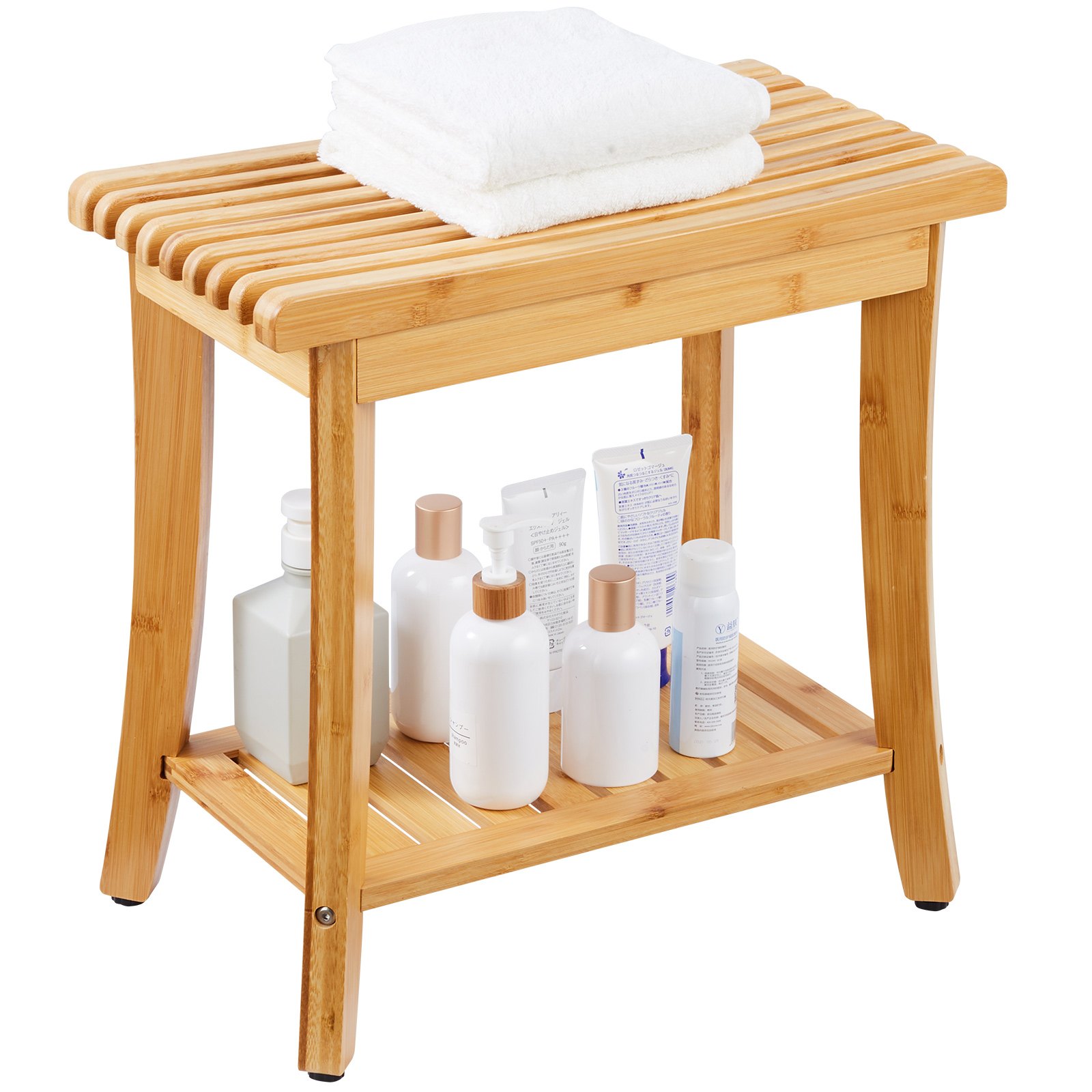 Banco de ducha de bambú VEVOR, 19,1 x 11,3 x 18,3 pulgadas, taburete de ducha impermeable con estante de almacenamiento, capacidad de carga de 330 libras, organizador de asiento de bañera de spa, para adultos, mujeres mayores, ancianos, interiores y exteriores