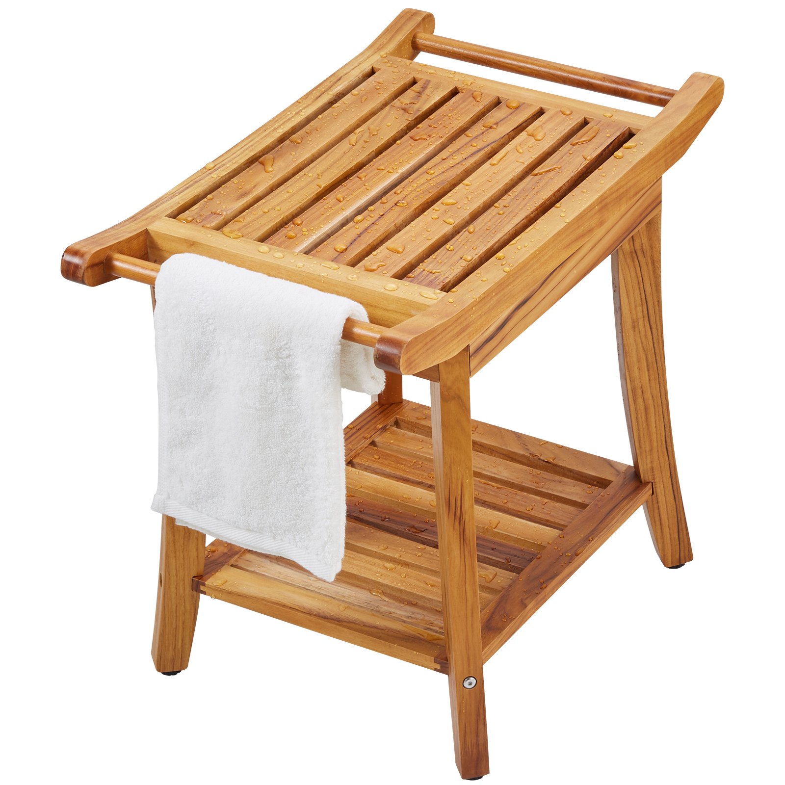 VEVOR Teak Wood Shower Bench, 56 x 36 x 47 cm, Waterproof Wooden Shower Stool with Shelf, Handle and Non-Slip Feet, Maximum Load Capacity 136 kg, for Indoor and Outdoor Bathrooms