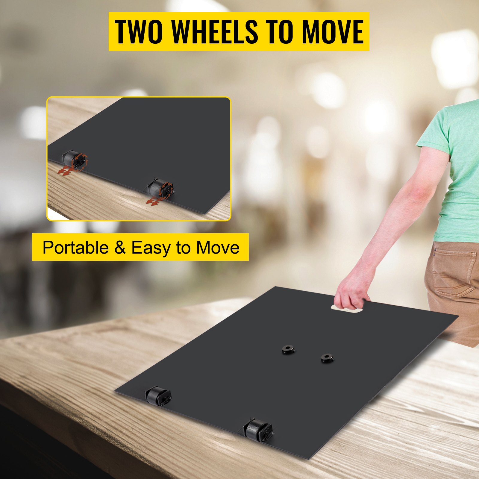 Base de sombrilla VEVOR con ruedas para fácil portabilidad y movimiento sobre una superficie de madera.