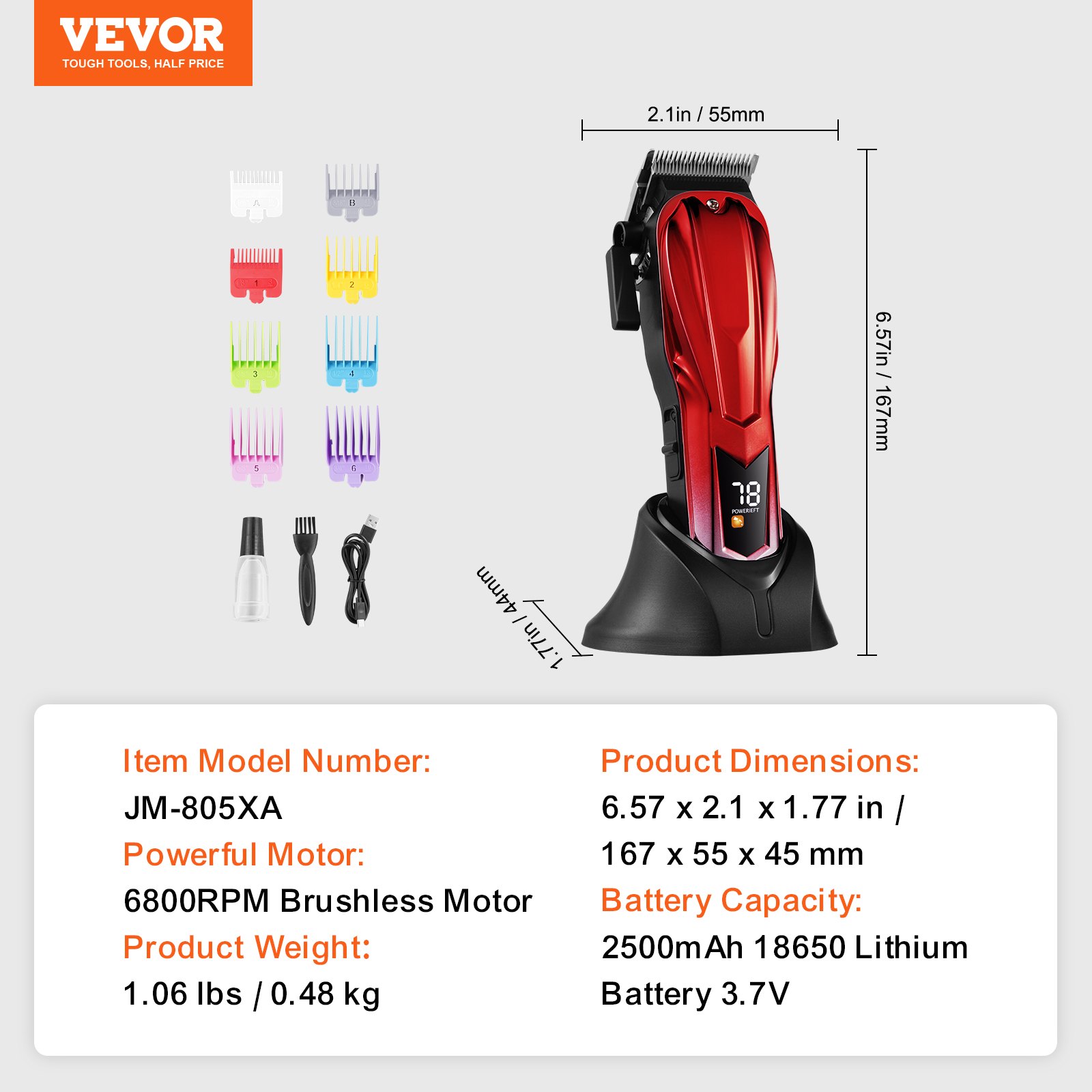 VEVOR Cortadora de pelo profesional para hombres, cortadora de pelo inalámbrica con motor sin escobillas de 6800 RPM y pantalla LED, kit de cuidado para cortar el cabello para hombres con 8 peines guía para peluqueros en casa, regalo ideal para el esposo
