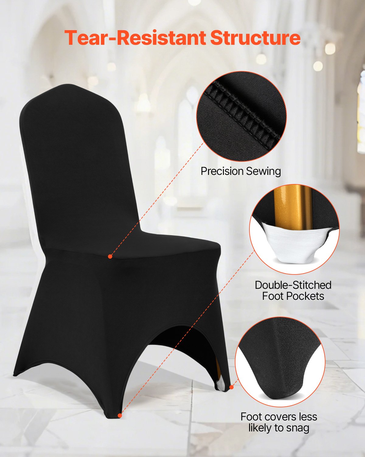 VEVOR Fundas para Sillas de Boda 50 Piezas Fundas para Sillas Negras Fundas para Sillas de Lycra Sillas Sin Brazos Poliéster y Elastano Frente Arqueado Elástico Decoración de Celebración de Noche
