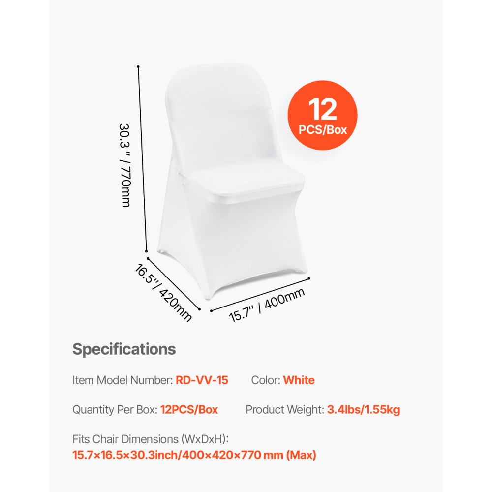 VEVOR Fundas para Sillas 12 Piezas Expandable Spandex Cubiertas de Sillas Tamaño Máximo 444x330x838 mm Fundas Plegables Desmontables para Sillas de Fiesta Decoración Boda Ceremonia Banquete, Blanco