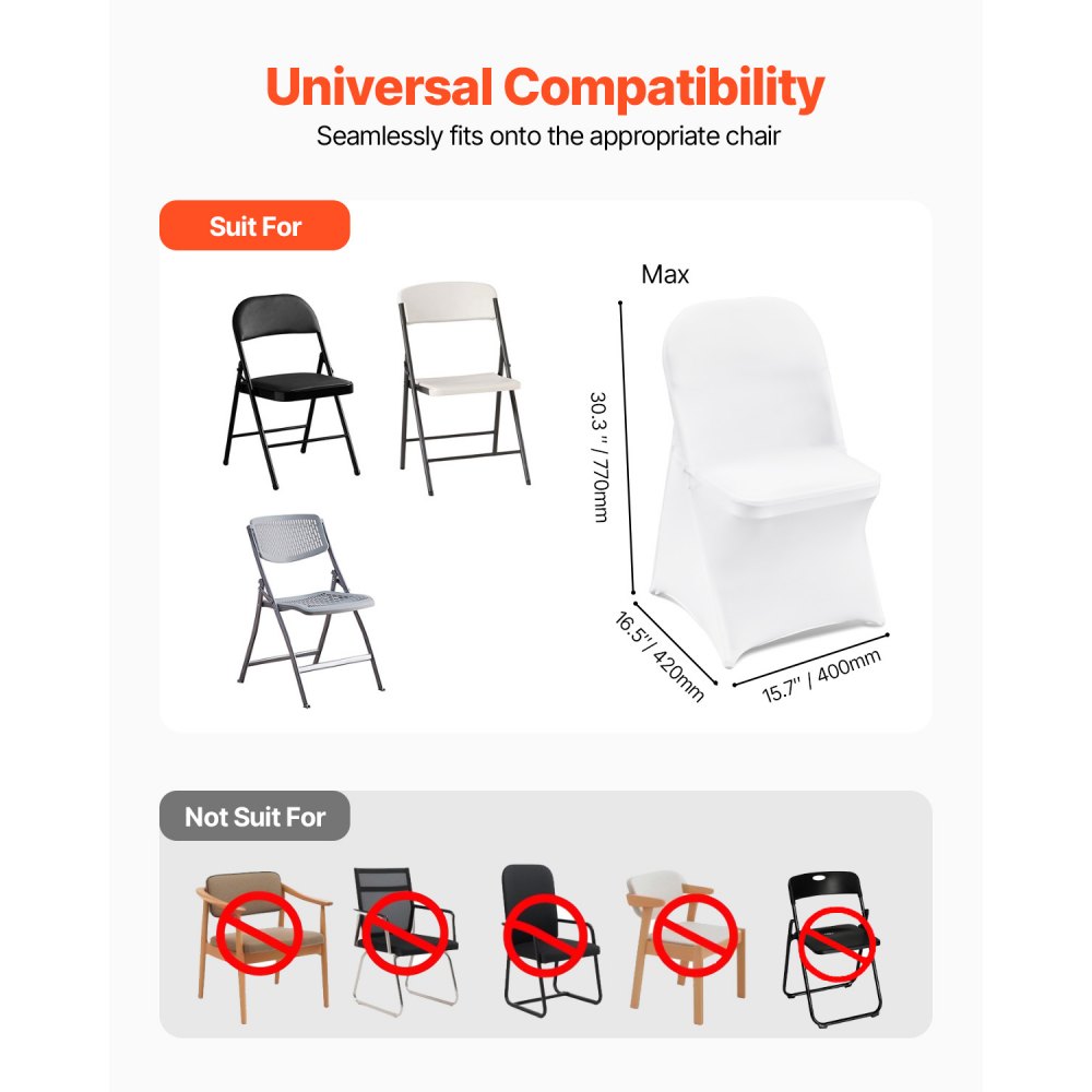 VEVOR Fundas para Sillas 30 Piezas Expandable Spandex Cubiertas de Sillas Tamaño Máximo 406x508x762 mm Fundas Plegables Desmontables para Sillas de Fiesta Decoración Boda Ceremonia Banquete, Blanco