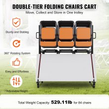 VEVOR Carro con Soporte para Sillas Plegables Carro para Sillas Apilable Móvil de Una Sola Capa con Capacidad de 84 Sillas 240 kg con 4 Ruedas 2 Cuerdas Elásticas Funda 1830x860x1820 mm, Negro