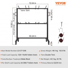 VEVOR Carro con Soporte para Sillas Plegables Carro para Sillas Apilable Móvil de Una Sola Capa con Capacidad de 84 Sillas 240 kg con 4 Ruedas 2 Cuerdas Elásticas Funda 1830x860x1820 mm, Negro