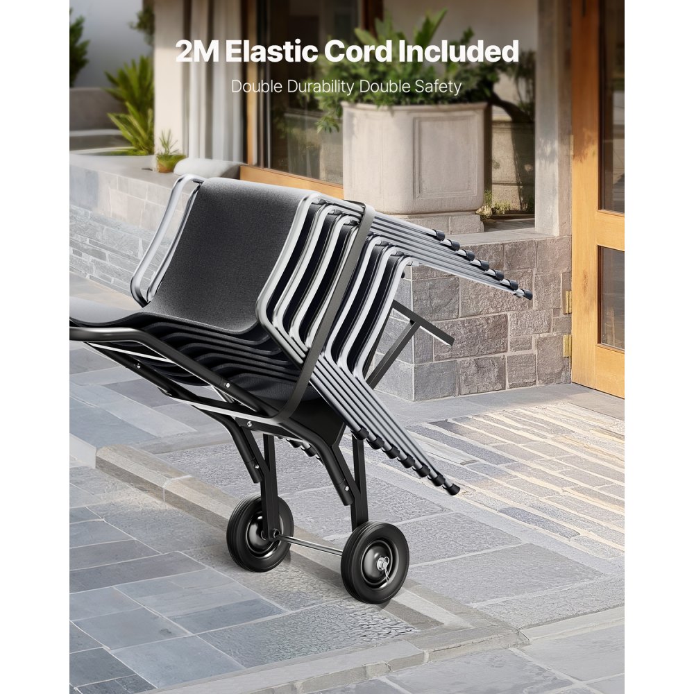 VEVOR Estante para Sillas Plegable, Capacidad de 68 kg, Carrito Resistente para Apilar 10 Sillas, Carrito de Almacenamiento de Metal con Ruedas de Goma, Soporte para Sillas de Empuje, Negro Mate