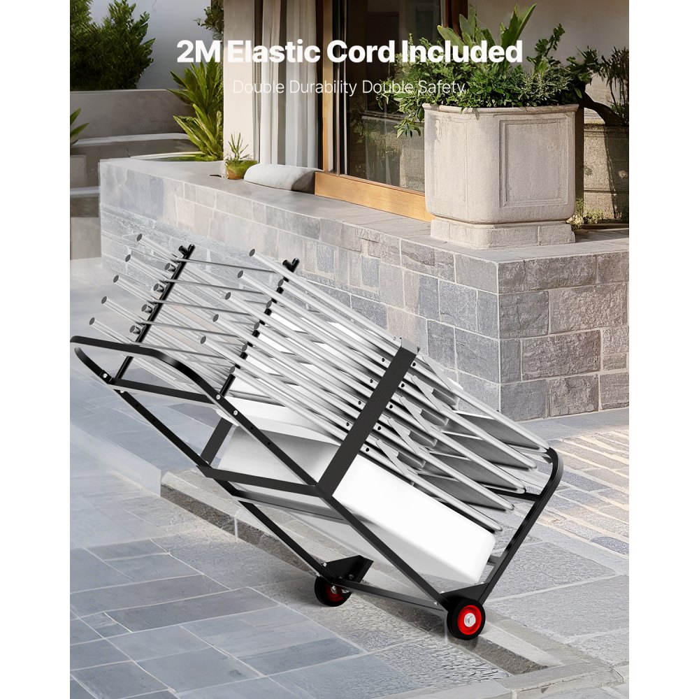 VEVOR Estante para Sillas Plegable, Capacidad de 45 kg, Carrito Resistente para Colgar 10 Sillas, Carrito de Almacenamiento de Metal con Ruedas de Goma, Soporte para Sillas Tipo Empuje, Negro Mate