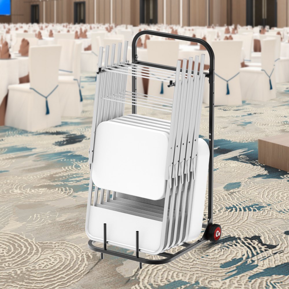 VEVOR Estante para Sillas Plegable, Capacidad de 45 kg, Carrito Resistente para Colgar 10 Sillas, Carrito de Almacenamiento de Metal con Ruedas de Goma, Soporte para Sillas Tipo Empuje, Negro Mate