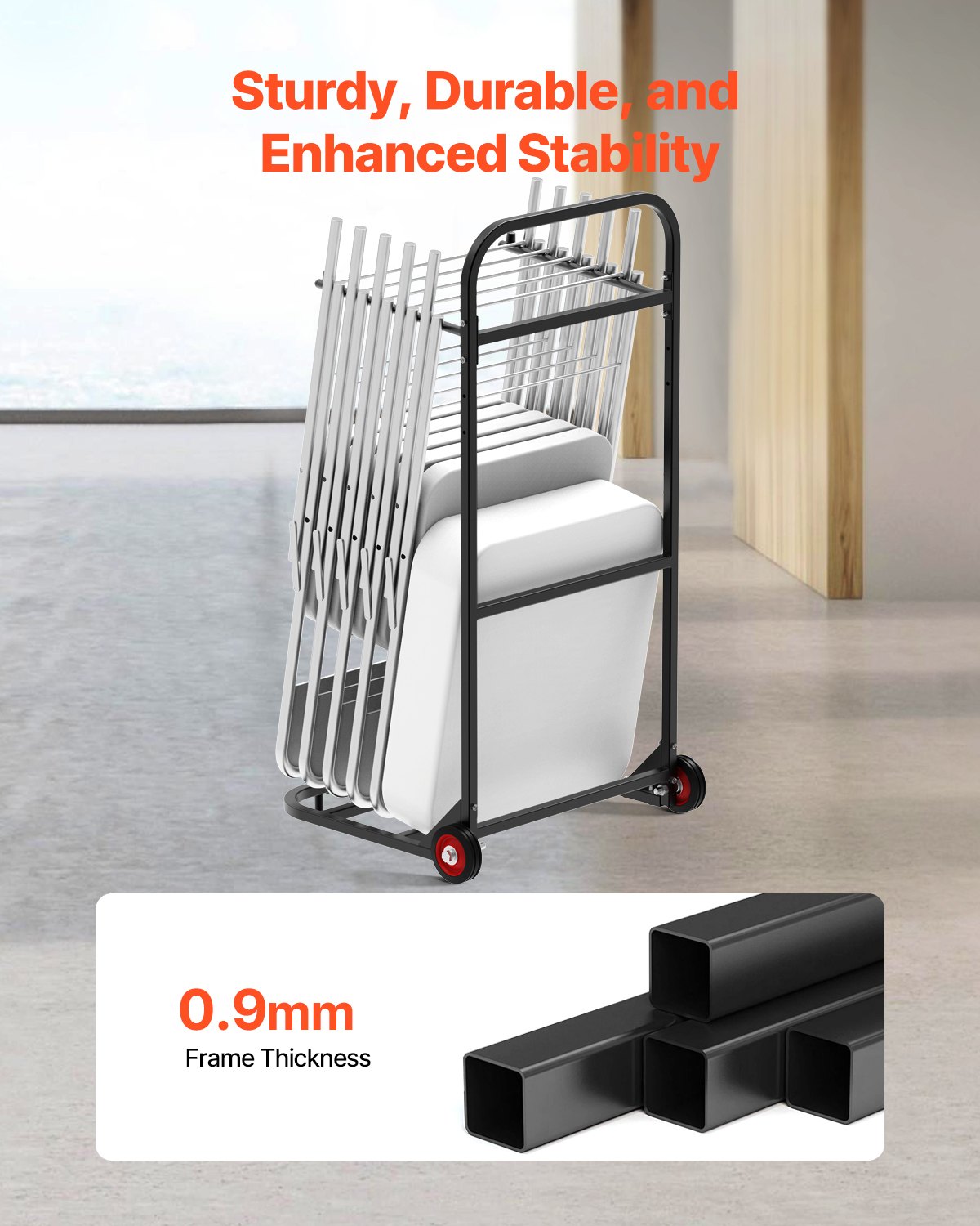 VEVOR Estante para Sillas Plegable, Capacidad de 45 kg, Carrito Resistente para Colgar 10 Sillas, Carrito de Almacenamiento de Metal con Ruedas de Goma, Soporte para Sillas Tipo Empuje, Negro Mate