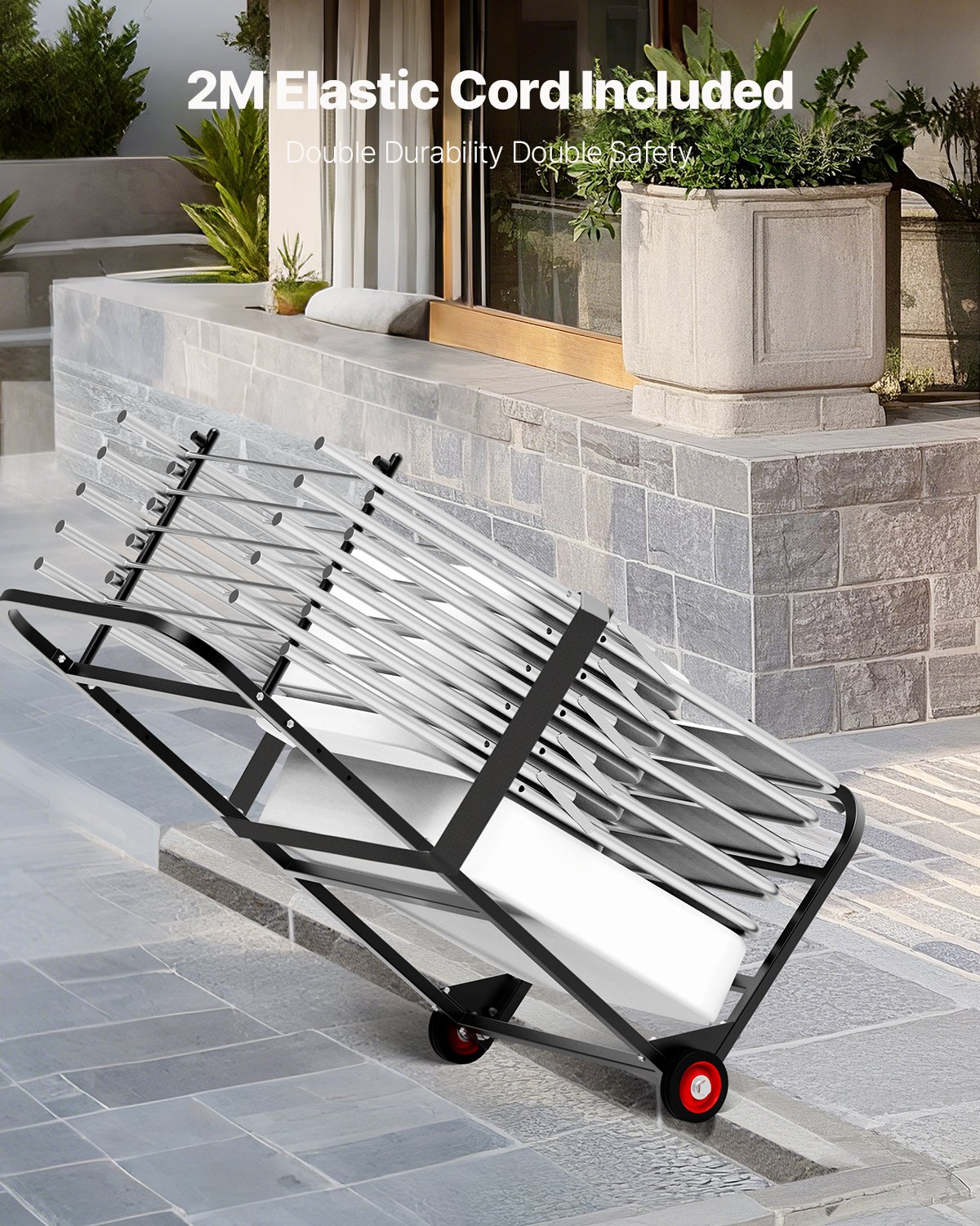 VEVOR Estante para Sillas Plegable, Capacidad de 45 kg, Carrito Resistente para Colgar 10 Sillas, Carrito de Almacenamiento de Metal con Ruedas de Goma, Soporte para Sillas Tipo Empuje, Negro Mate