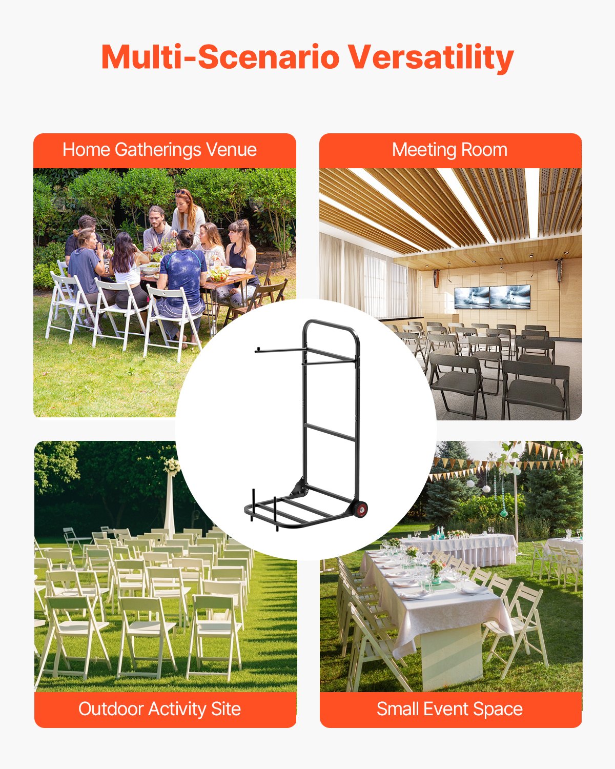 VEVOR Estante para Sillas Plegable, Capacidad de 45 kg, Carrito Resistente para Colgar 10 Sillas, Carrito de Almacenamiento de Metal con Ruedas de Goma, Soporte para Sillas Tipo Empuje, Negro Mate