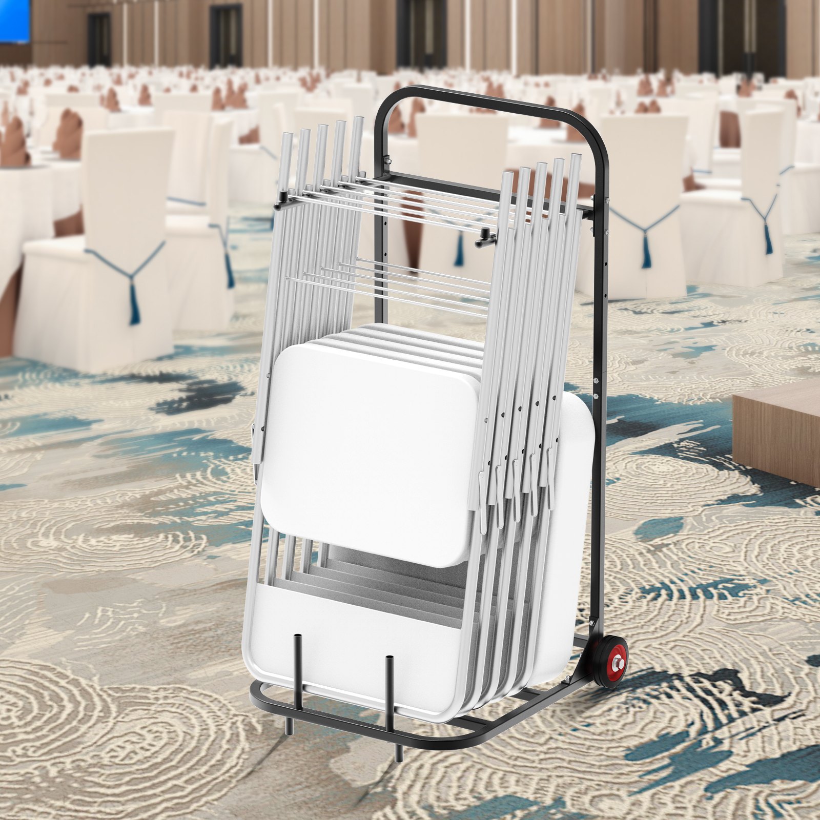 VEVOR Estante para Sillas Plegable, Capacidad de 45 kg, Carrito Resistente para Colgar 10 Sillas, Carrito de Almacenamiento de Metal con Ruedas de Goma, Soporte para Sillas Tipo Empuje, Negro Mate