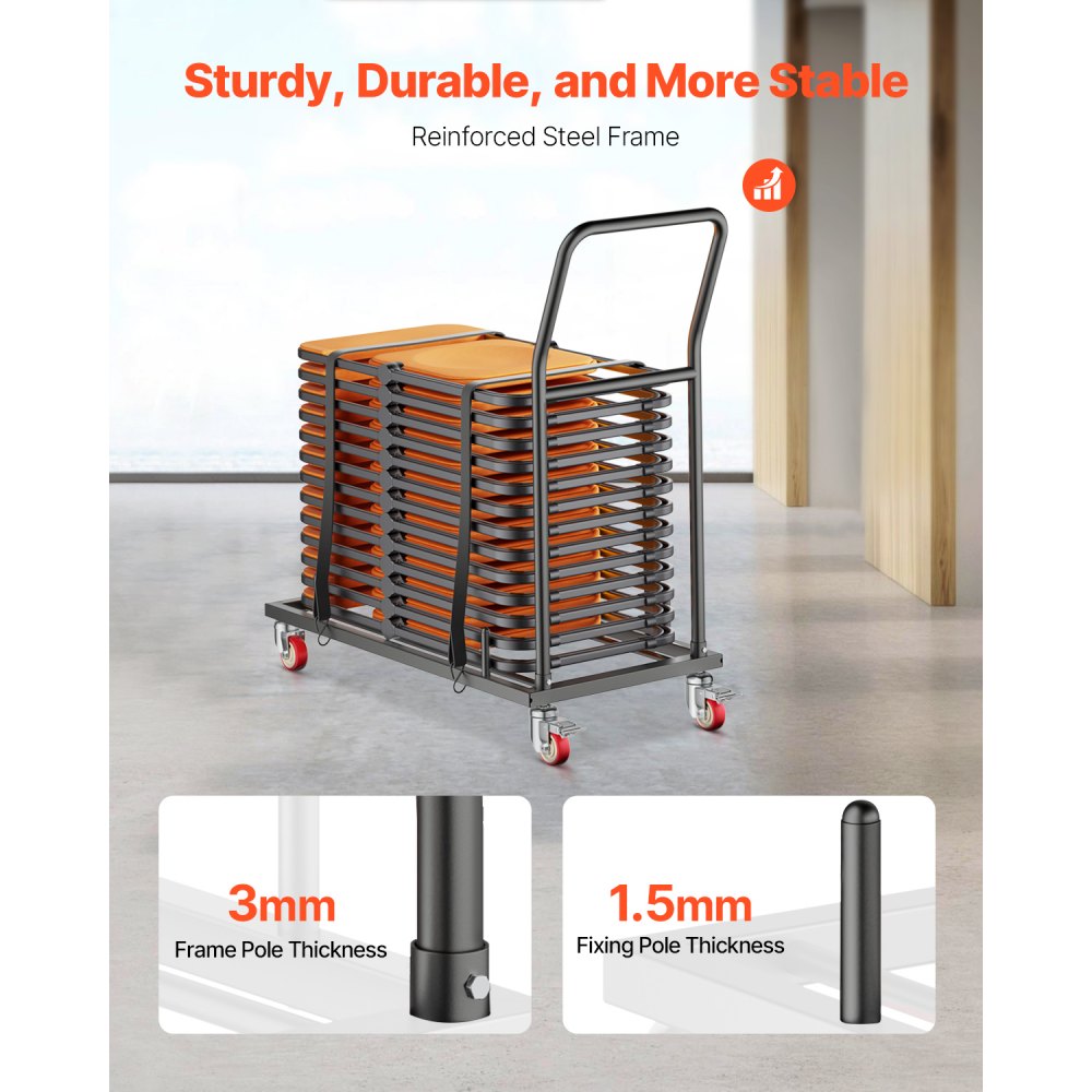 VEVOR Estante para Sillas Plegable, Capacidad de 136 kg, Carrito de Colocación Horizontal en Forma de L para 25 Sillas, Carrito de Almacenamiento de Metal Resistente con Ruedas de Goma, Negro Mate