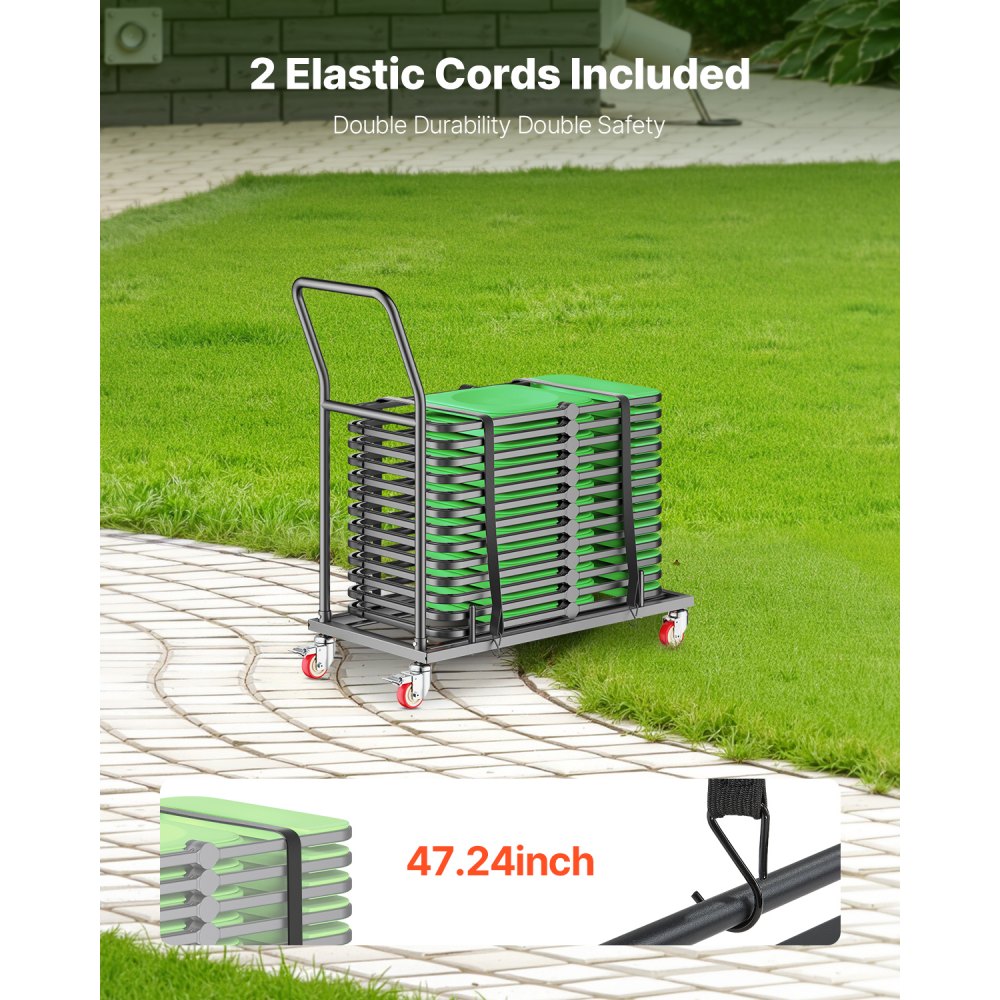 VEVOR Estante para Sillas Plegable, Capacidad de 136 kg, Carrito de Colocación Horizontal en Forma de L para 25 Sillas, Carrito de Almacenamiento de Metal Resistente con Ruedas de Goma, Negro Mate