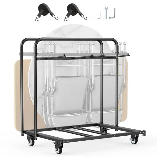 VEVOR Estante para Sillas Plegable, Capacidad de 181 kg, Carrito Resistente para 5 Mesas y 14 Sillas, Soporte para Sillas con Ruedas Giratorias y Ruedas de Bloqueo para Fiestas, Eventos, Negro Mate