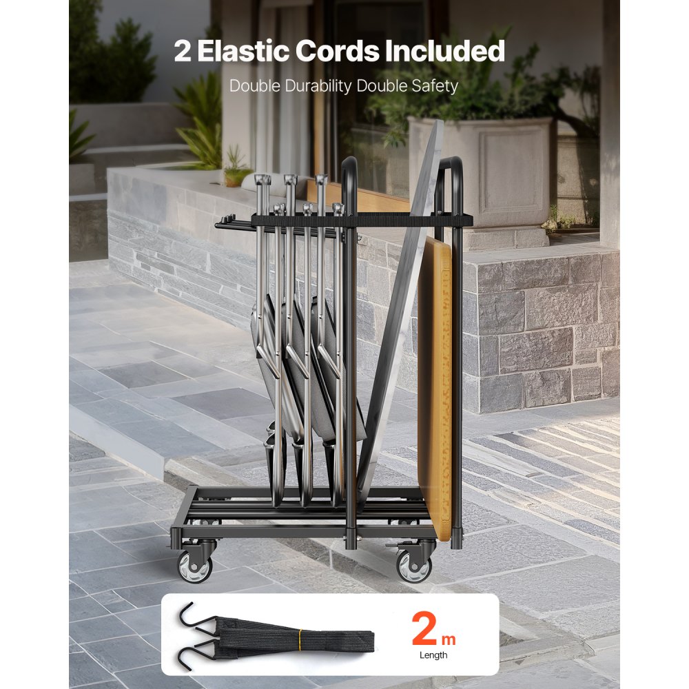 VEVOR Estante para Sillas Plegable, Capacidad de 181 kg, Carrito Resistente para 5 Mesas y 14 Sillas, Soporte para Sillas con Ruedas Giratorias y Ruedas de Bloqueo para Fiestas, Eventos, Negro Mate
