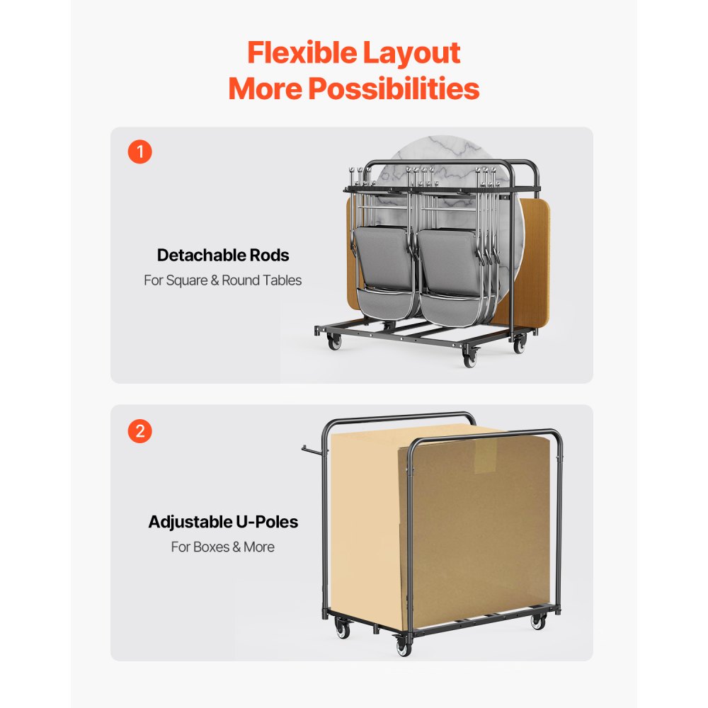 VEVOR Estante para Sillas Plegable, Capacidad de 181 kg, Carrito Resistente para 5 Mesas y 14 Sillas, Soporte para Sillas con Ruedas Giratorias y Ruedas de Bloqueo para Fiestas, Eventos, Negro Mate