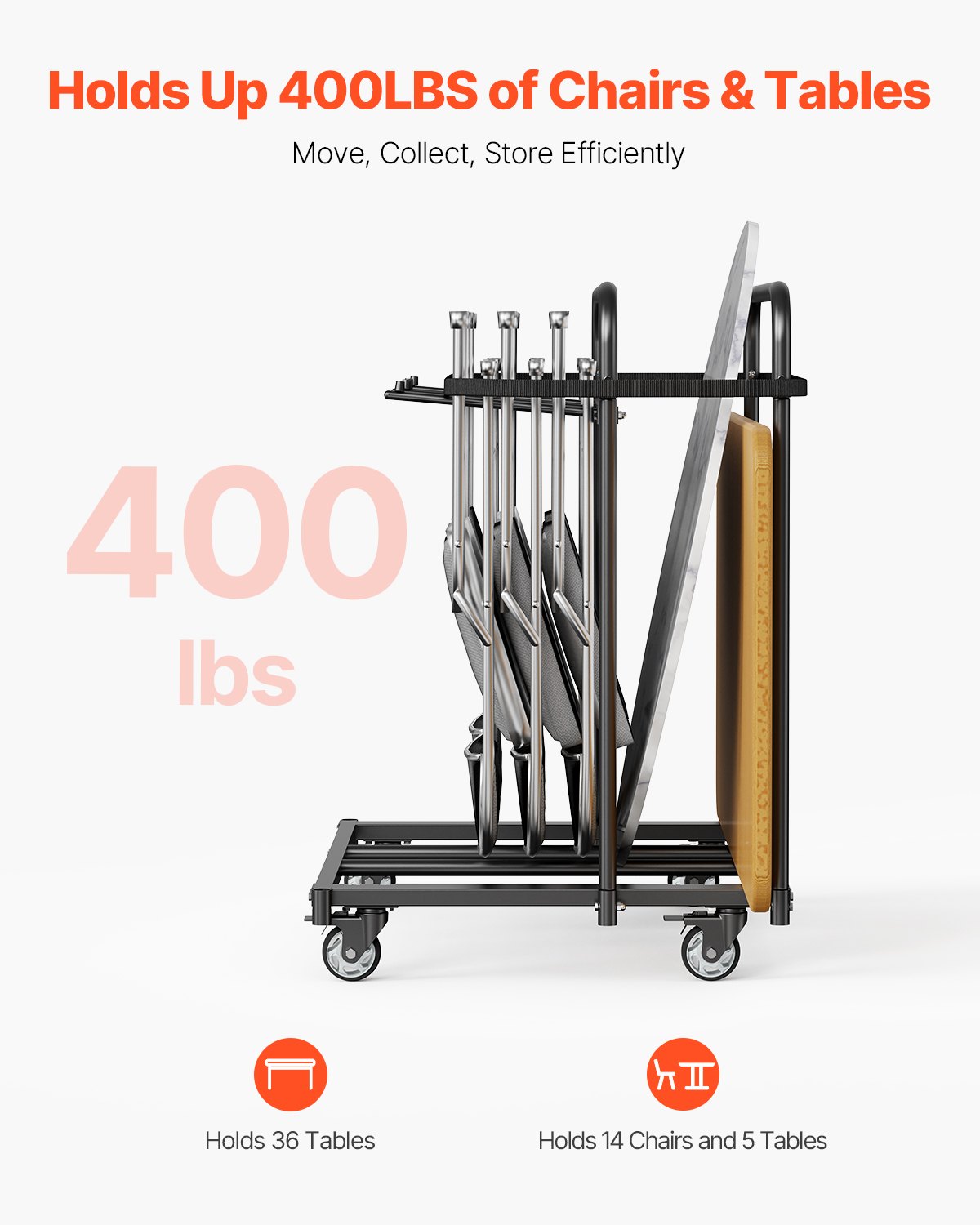 VEVOR Estante para Sillas Plegable, Capacidad de 181 kg, Carrito Resistente para 5 Mesas y 14 Sillas, Soporte para Sillas con Ruedas Giratorias y Ruedas de Bloqueo para Fiestas, Eventos, Negro Mate