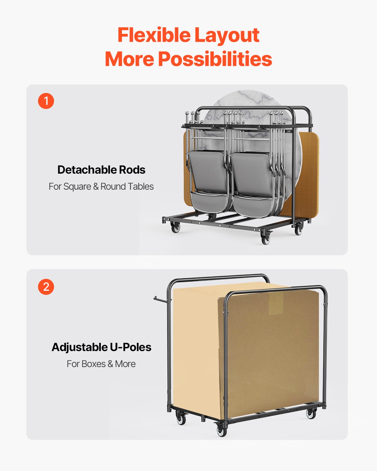 VEVOR Estante para Sillas Plegable, Capacidad de 181 kg, Carrito Resistente para 5 Mesas y 14 Sillas, Soporte para Sillas con Ruedas Giratorias y Ruedas de Bloqueo para Fiestas, Eventos, Negro Mate