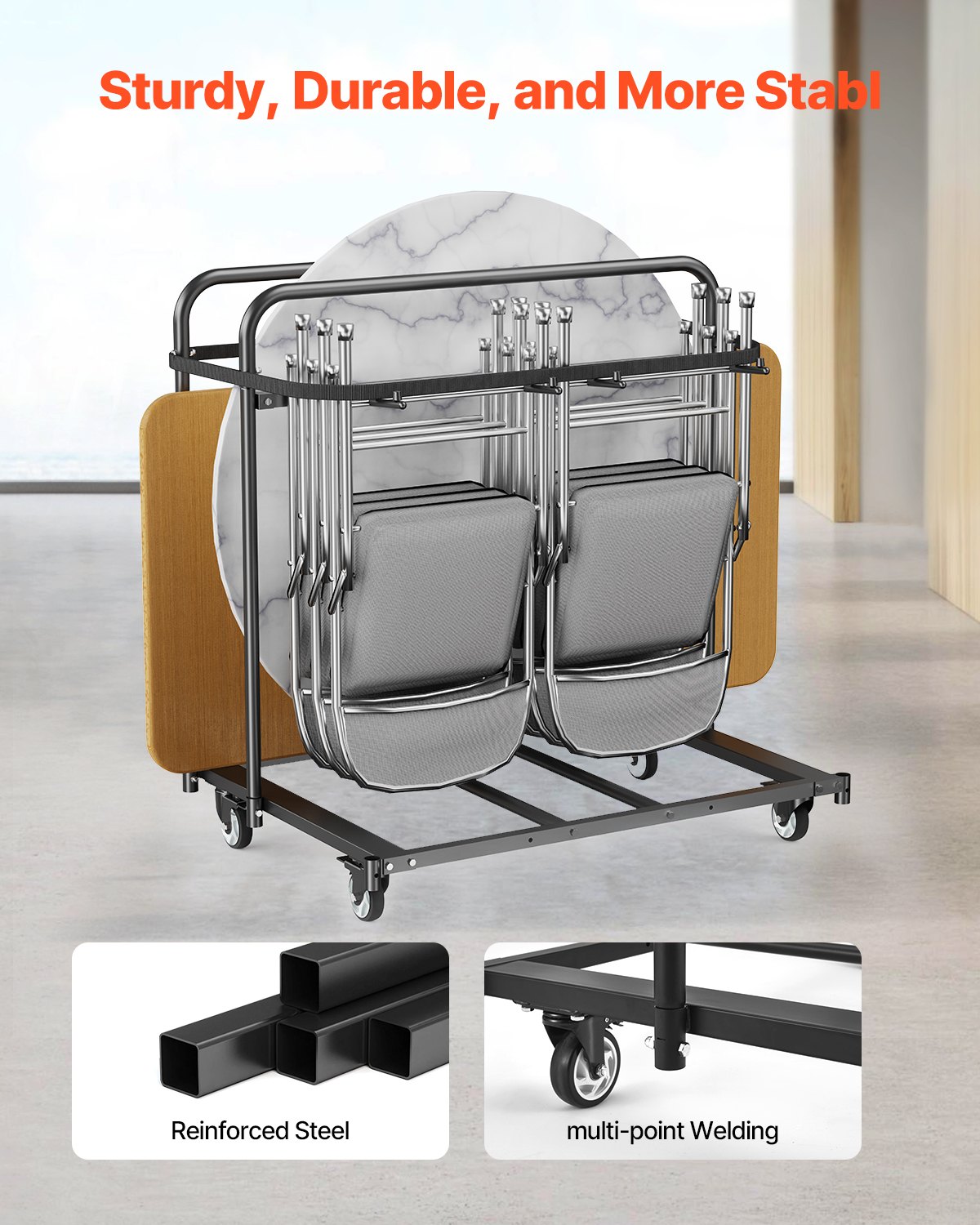 VEVOR Estante para Sillas Plegable, Capacidad de 181 kg, Carrito Resistente para 5 Mesas y 14 Sillas, Soporte para Sillas con Ruedas Giratorias y Ruedas de Bloqueo para Fiestas, Eventos, Negro Mate