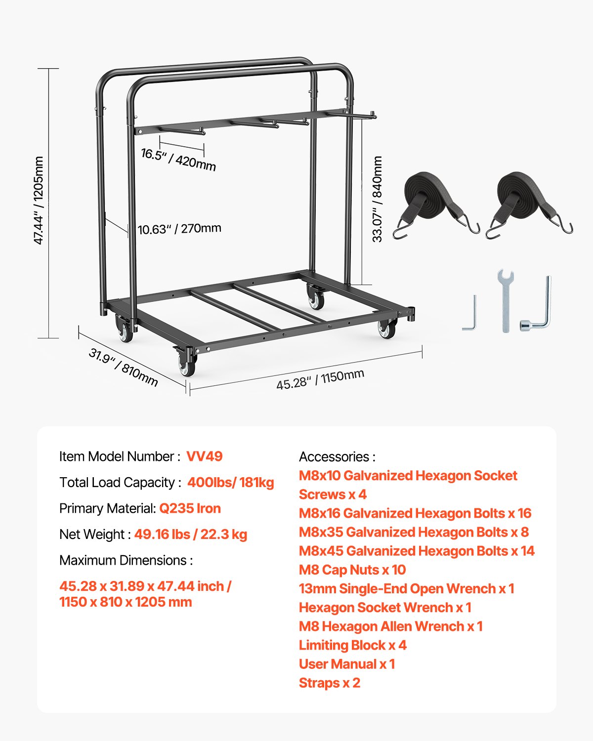 VEVOR Estante para Sillas Plegable, Capacidad de 181 kg, Carrito Resistente para 5 Mesas y 14 Sillas, Soporte para Sillas con Ruedas Giratorias y Ruedas de Bloqueo para Fiestas, Eventos, Negro Mate
