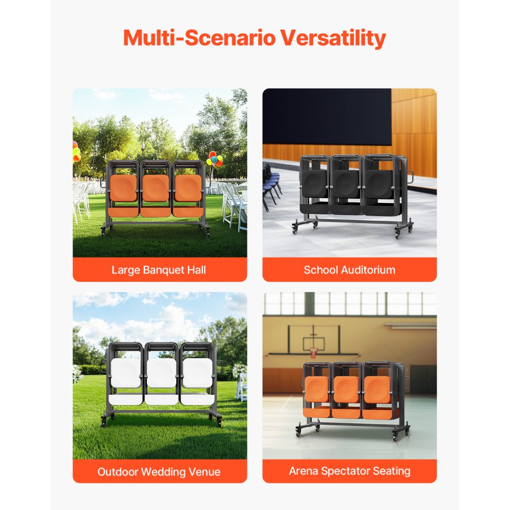 VEVOR Estante para Sillas Plegable, Capacidad de 181 kg, Carrito Resistente para 42 Sillas o 12 Mesas, Carrito de Almacenamiento Multifunción para Sillas con Ruedas de Goma y Soportes, Negro Mate