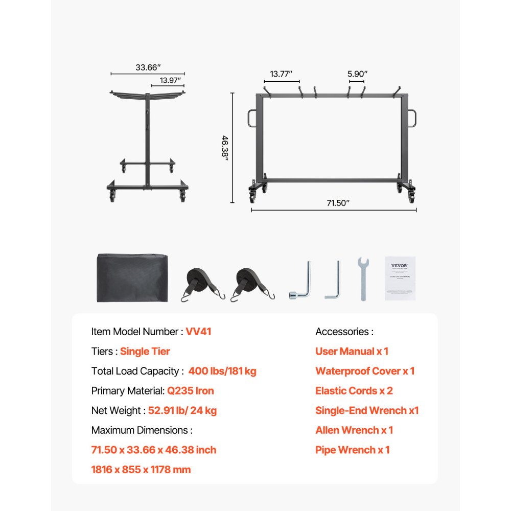 VEVOR Estante para Sillas Plegable, Capacidad de 181 kg, Carrito Resistente para 42 Sillas o 12 Mesas, Carrito de Almacenamiento Multifunción para Sillas con Ruedas de Goma y Soportes, Negro Mate