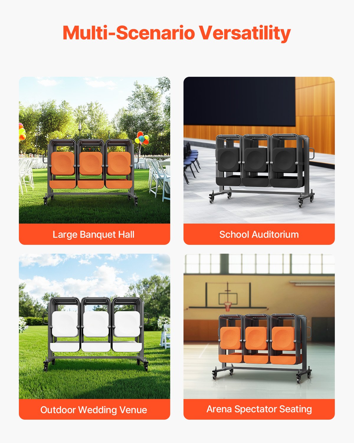 VEVOR Estante para Sillas Plegable, Capacidad de 181 kg, Carrito Resistente para 42 Sillas o 12 Mesas, Carrito de Almacenamiento Multifunción para Sillas con Ruedas de Goma y Soportes, Negro Mate