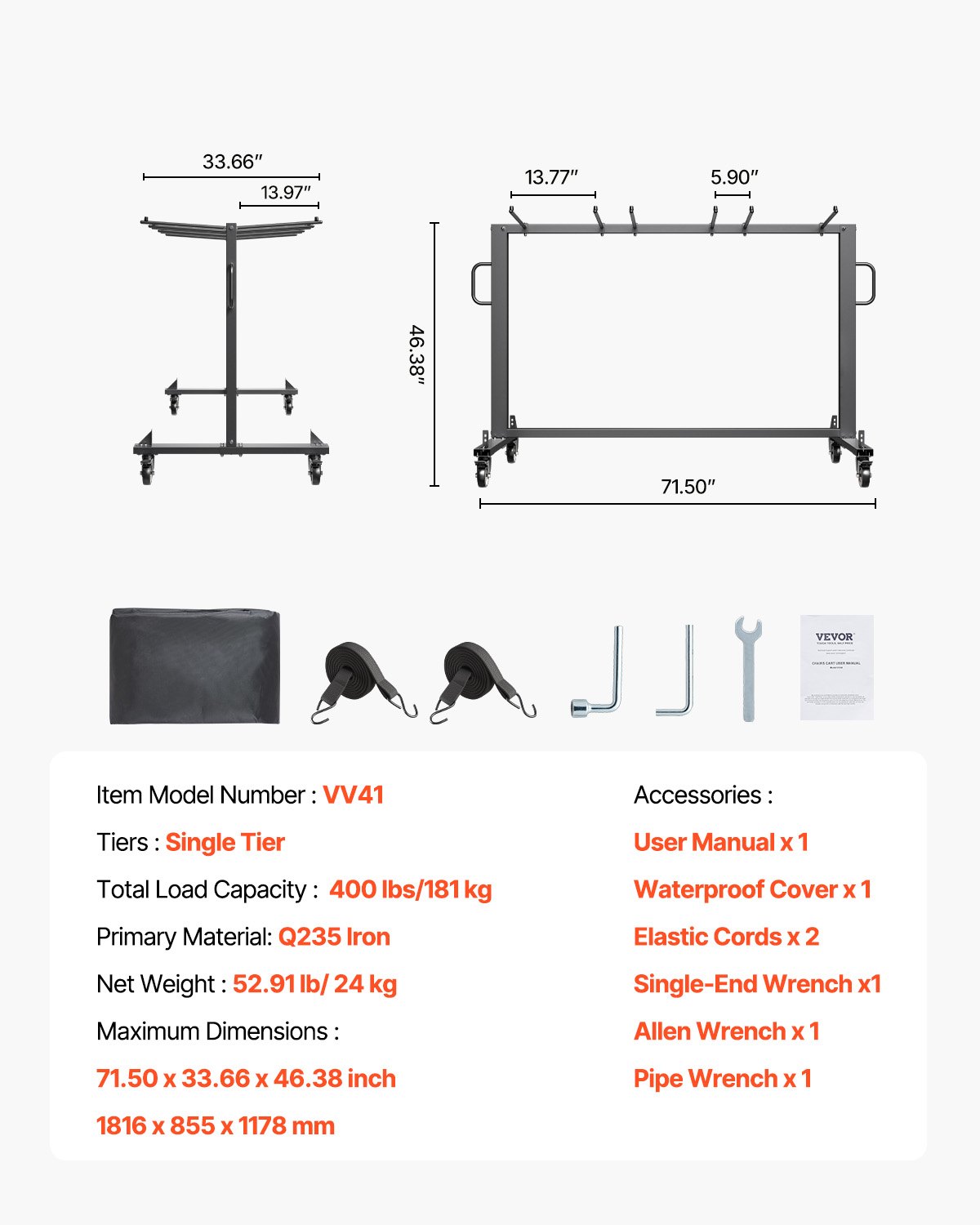 VEVOR Estante para Sillas Plegable, Capacidad de 181 kg, Carrito Resistente para 42 Sillas o 12 Mesas, Carrito de Almacenamiento Multifunción para Sillas con Ruedas de Goma y Soportes, Negro Mate