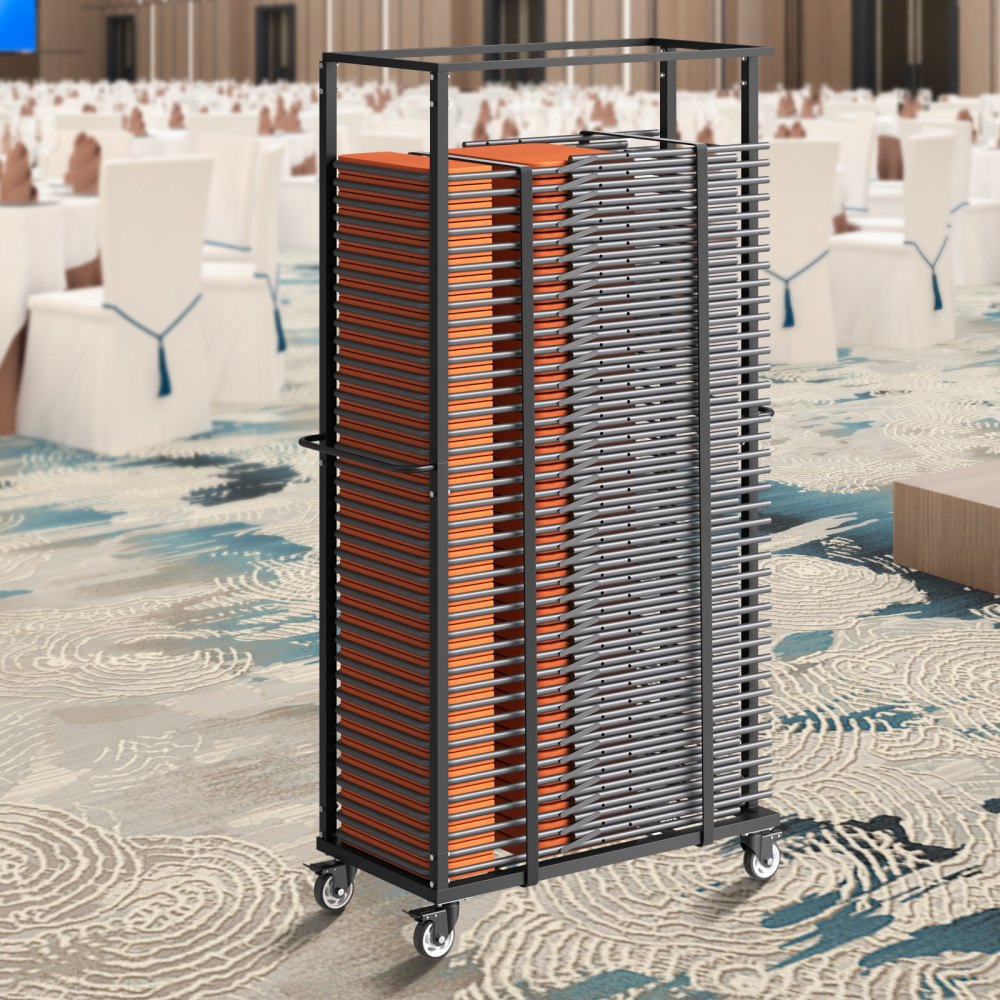 VEVOR Estante para Sillas Plegable, Capacidad de 227 kg, Carrito Resistente para 60 Sillas, Soporte para Sillas de Metal con Ruedas iratorias y Ruedas de Bloqueo para Fiestas, Eventos, Negro Mate