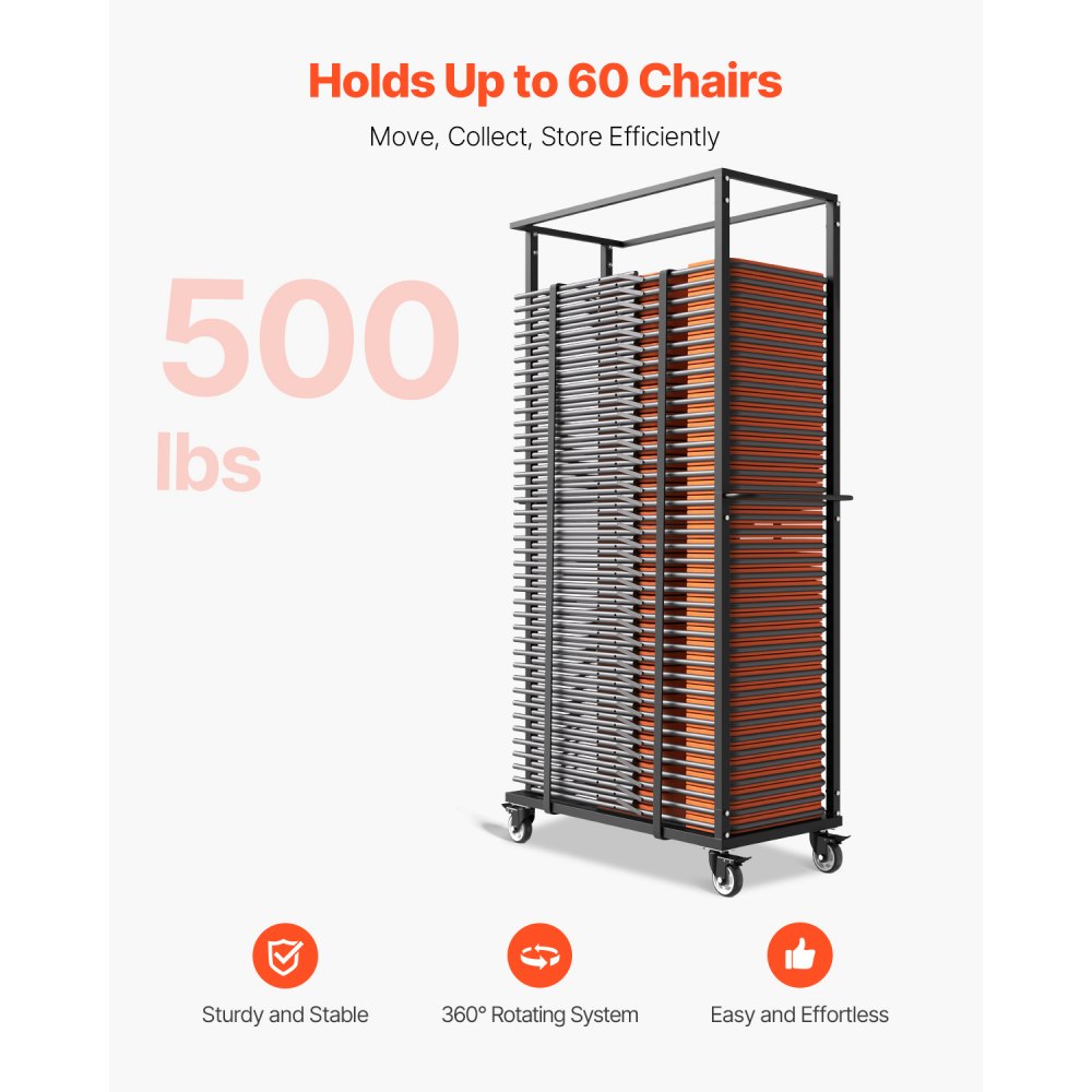 VEVOR Estante para Sillas Plegable, Capacidad de 227 kg, Carrito Resistente para 60 Sillas, Soporte para Sillas de Metal con Ruedas iratorias y Ruedas de Bloqueo para Fiestas, Eventos, Negro Mate