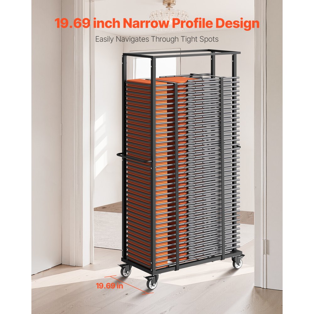 VEVOR Estante para Sillas Plegable, Capacidad de 227 kg, Carrito Resistente para 60 Sillas, Soporte para Sillas de Metal con Ruedas iratorias y Ruedas de Bloqueo para Fiestas, Eventos, Negro Mate