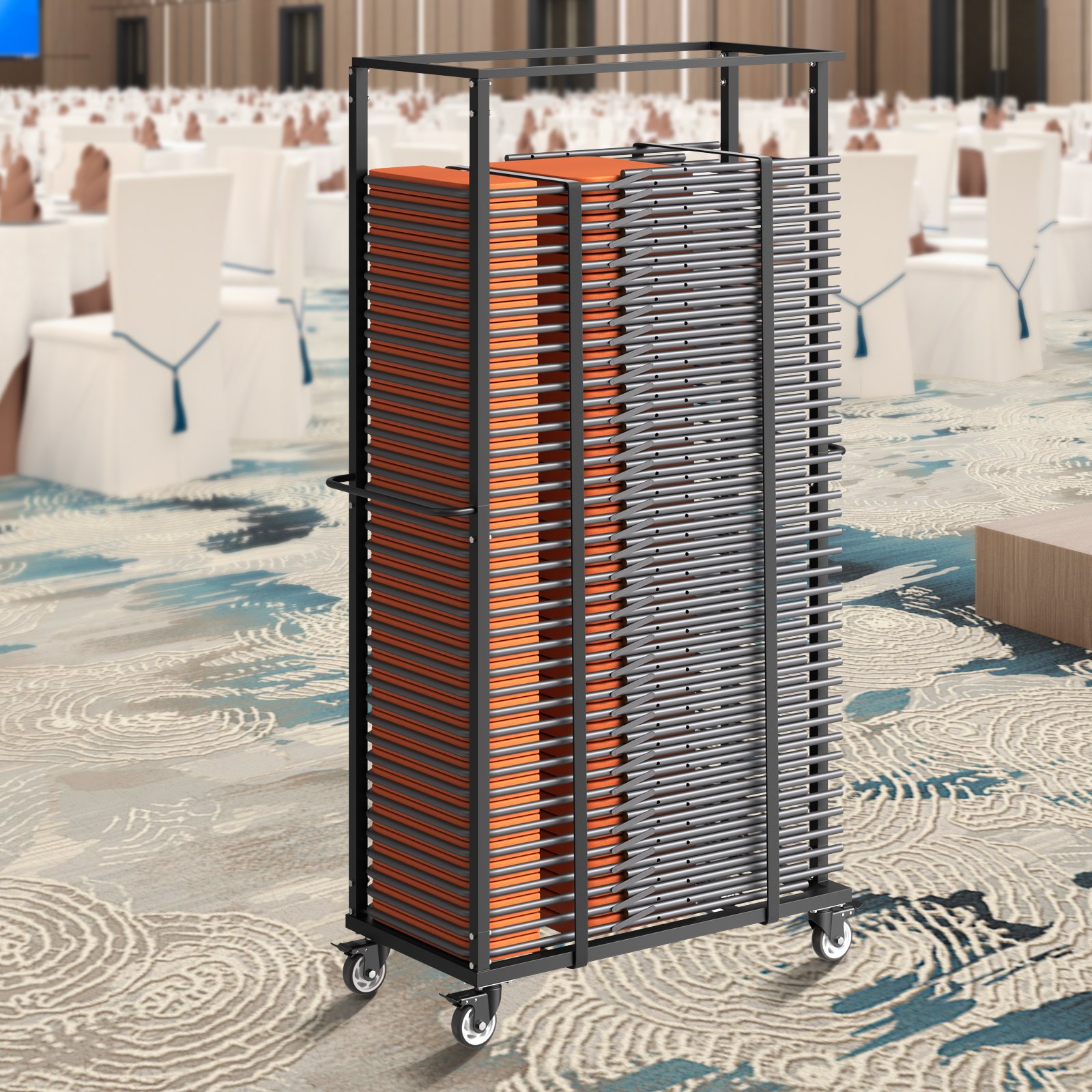 VEVOR Estante para Sillas Plegable, Capacidad de 227 kg, Carrito Resistente para 60 Sillas, Soporte para Sillas de Metal con Ruedas iratorias y Ruedas de Bloqueo para Fiestas, Eventos, Negro Mate
