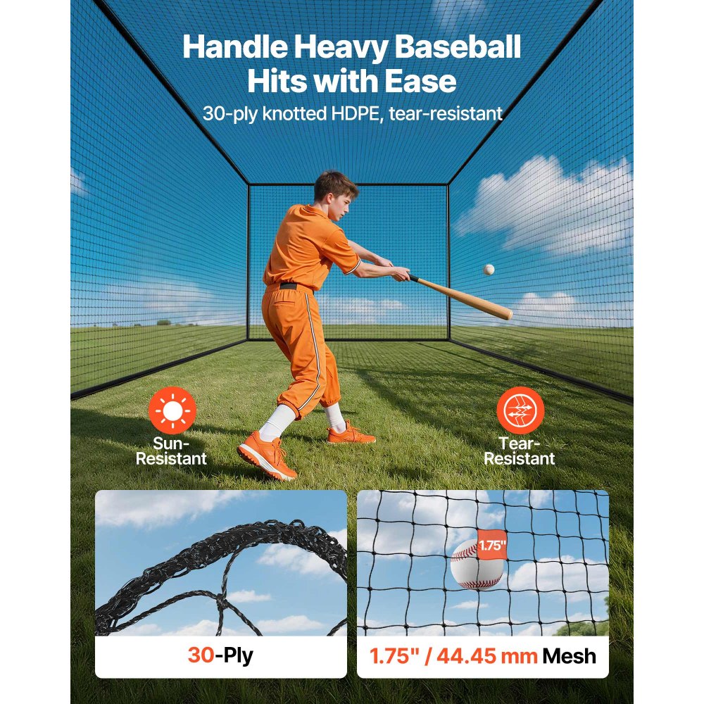 VEVOR Jaula de Bateo de Béisbol 1270 x 390 x 308 cm, Portátil e Independiente, con HDPE Anudado de 30 Capas y Mosquetones, para Interior y Exterior, Compatible con Béisbol, Golf, Tenis y Bádminton