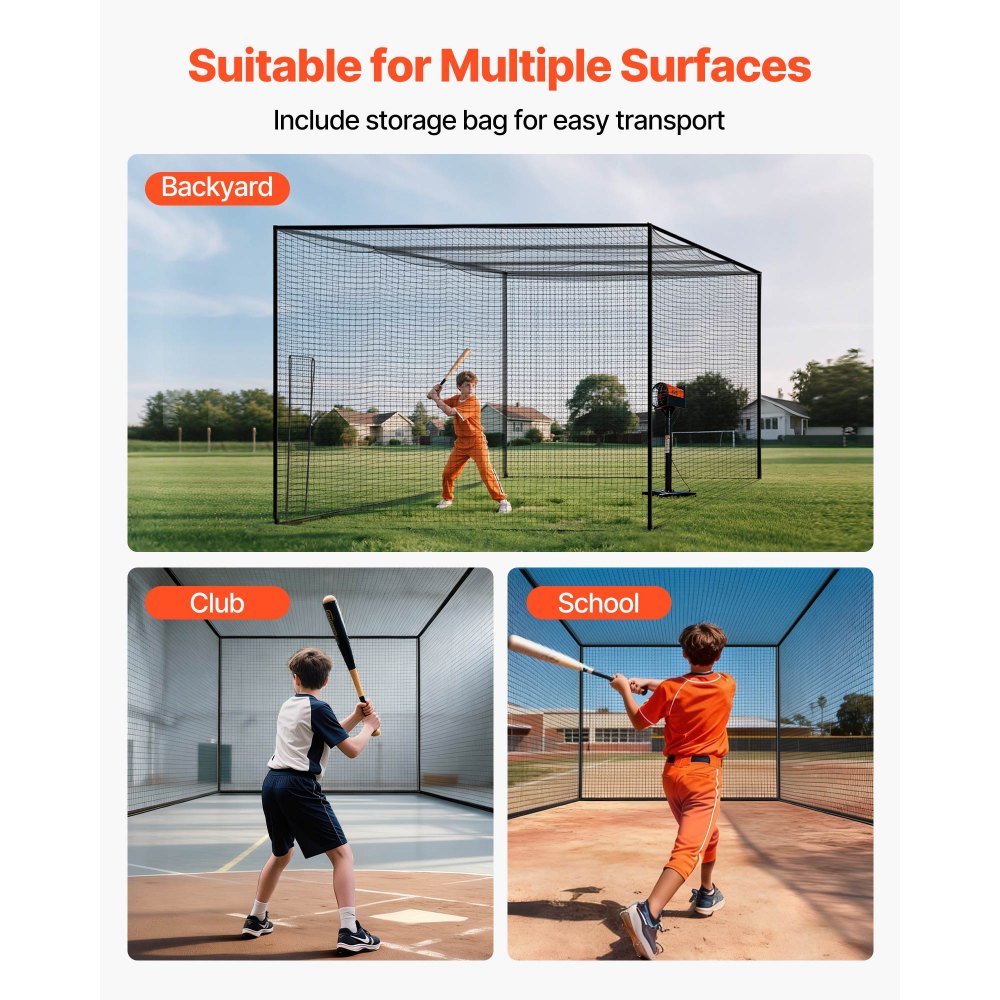 VEVOR Jaula de Bateo de Béisbol 1270 x 390 x 308 cm, Portátil e Independiente, con HDPE Anudado de 30 Capas y Mosquetones, para Interior y Exterior, Compatible con Béisbol, Golf, Tenis y Bádminton