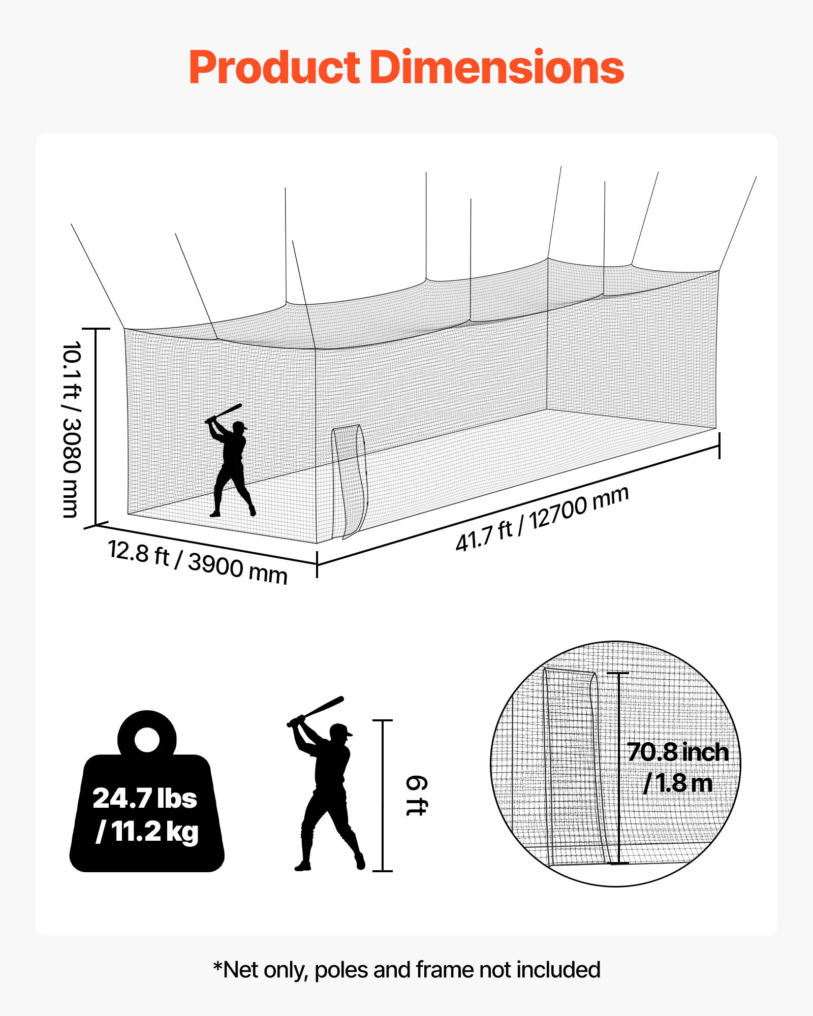 VEVOR Jaula de Bateo de Béisbol 1270 x 390 x 308 cm, Portátil e Independiente, con HDPE Anudado de 30 Capas y Mosquetones, para Interior y Exterior, Compatible con Béisbol, Golf, Tenis y Bádminton