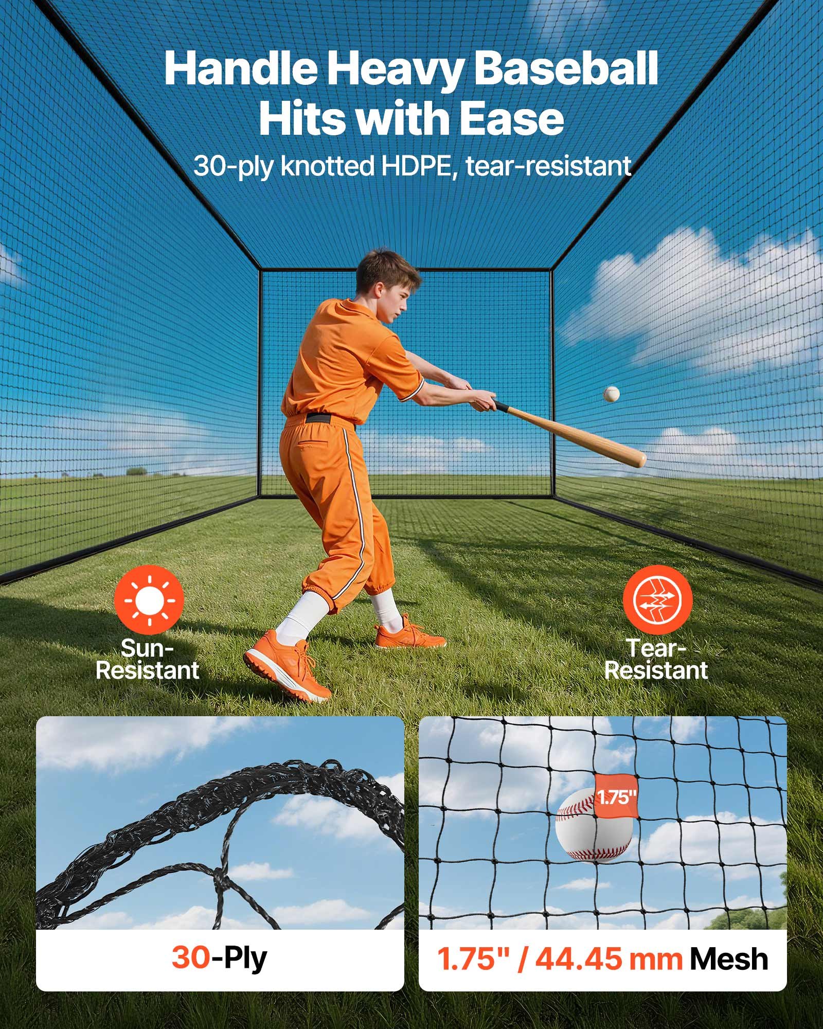 VEVOR Jaula de Bateo de Béisbol 1270 x 390 x 308 cm, Portátil e Independiente, con HDPE Anudado de 30 Capas y Mosquetones, para Interior y Exterior, Compatible con Béisbol, Golf, Tenis y Bádminton