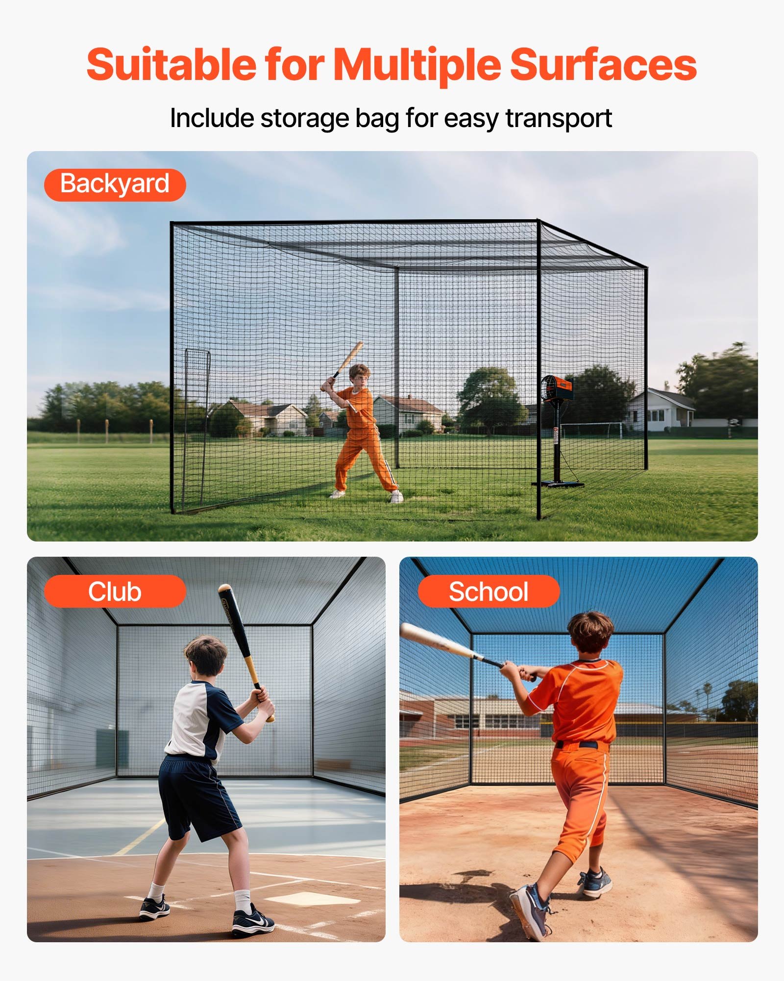 VEVOR Jaula de Bateo de Béisbol 1270 x 390 x 308 cm, Portátil e Independiente, con HDPE Anudado de 30 Capas y Mosquetones, para Interior y Exterior, Compatible con Béisbol, Golf, Tenis y Bádminton