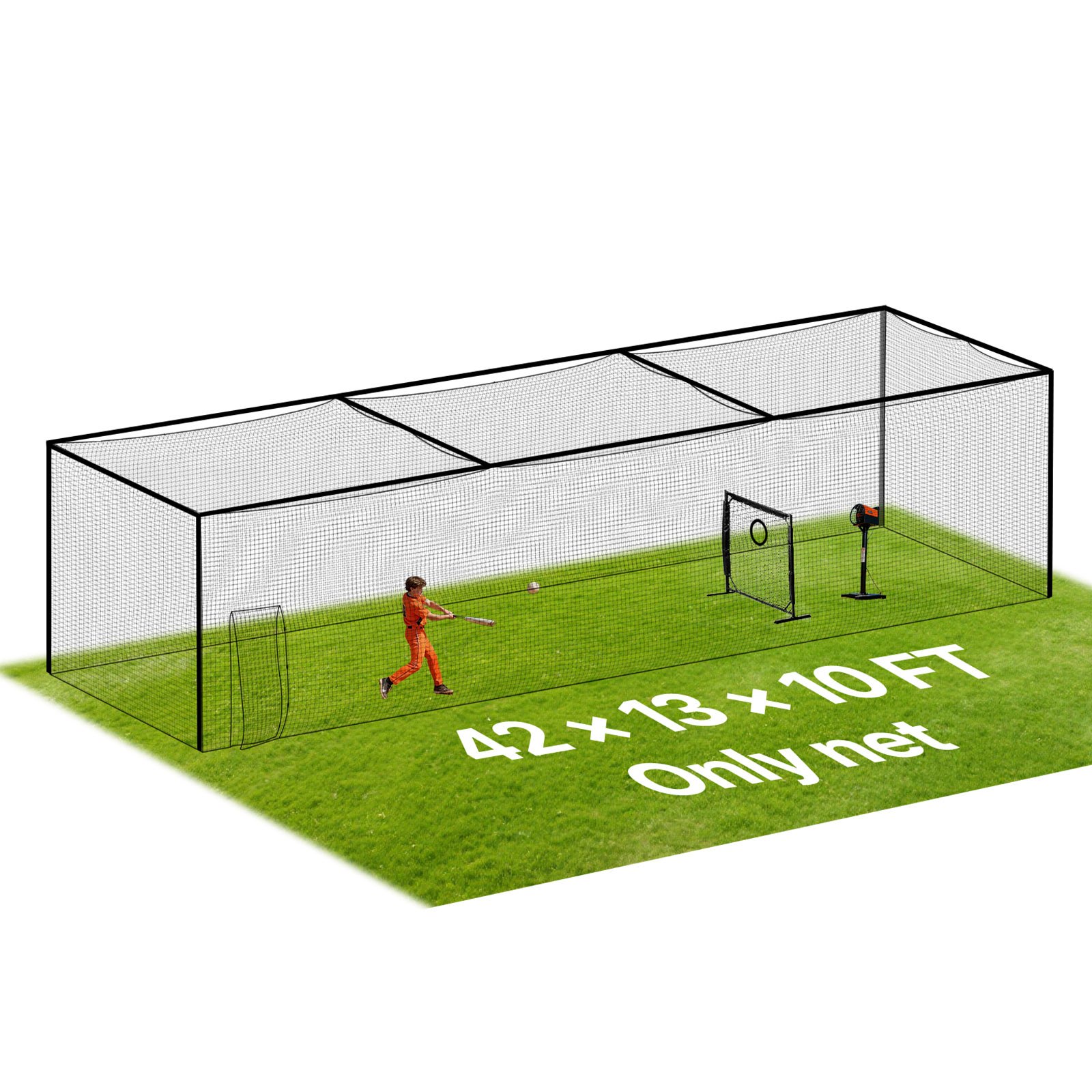 VEVOR Jaula de Bateo de Béisbol 1270 x 390 x 308 cm, Portátil e Independiente, con HDPE Anudado de 30 Capas y Mosquetones, para Interior y Exterior, Compatible con Béisbol, Golf, Tenis y Bádminton