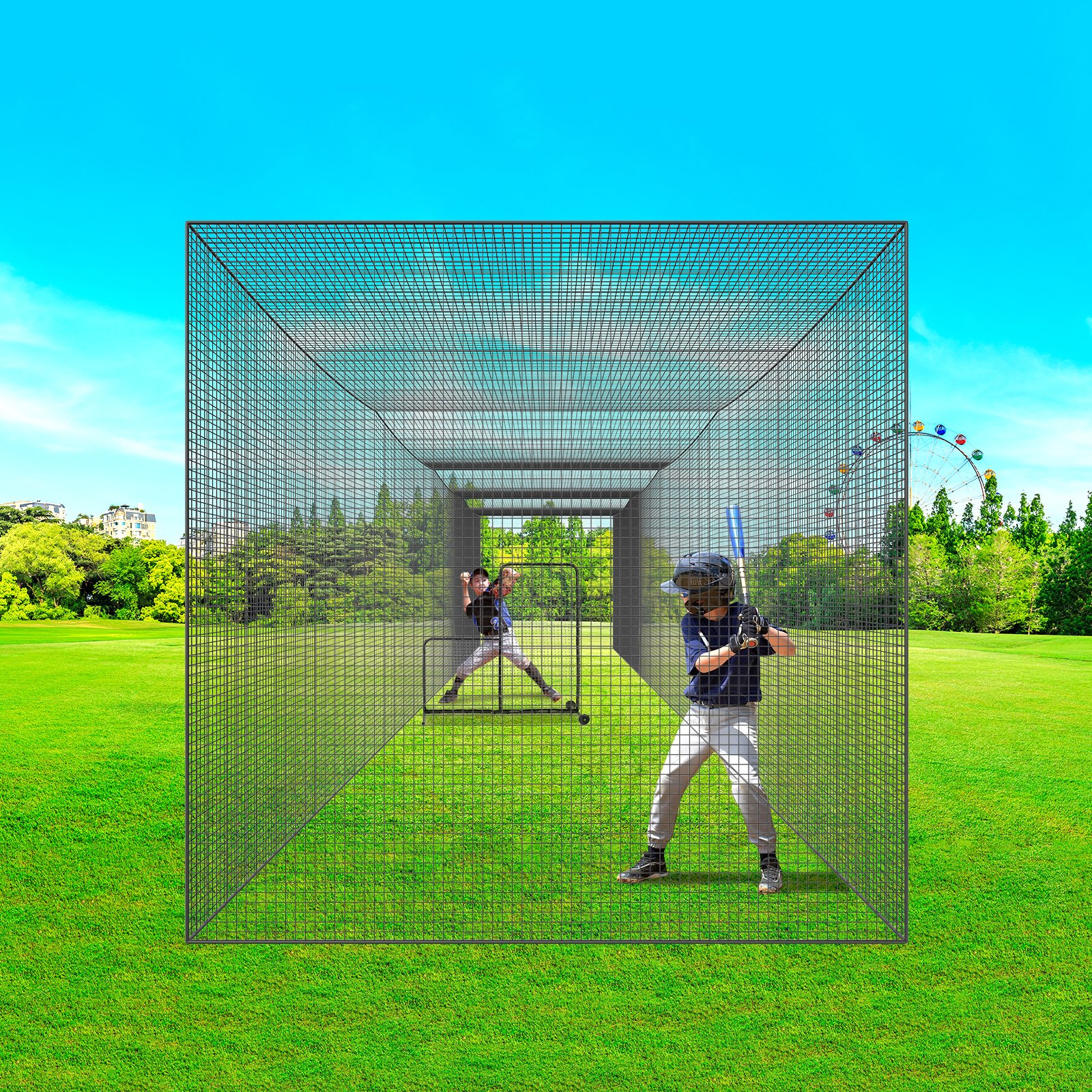 VEVOR Jaula de bateo de béisbol de 17,4 m, red de entrenamiento de bateo de softbol profesional, jaula de lanzamiento portátil con puerta y bolsa de transporte, red de PE cerrada resistente