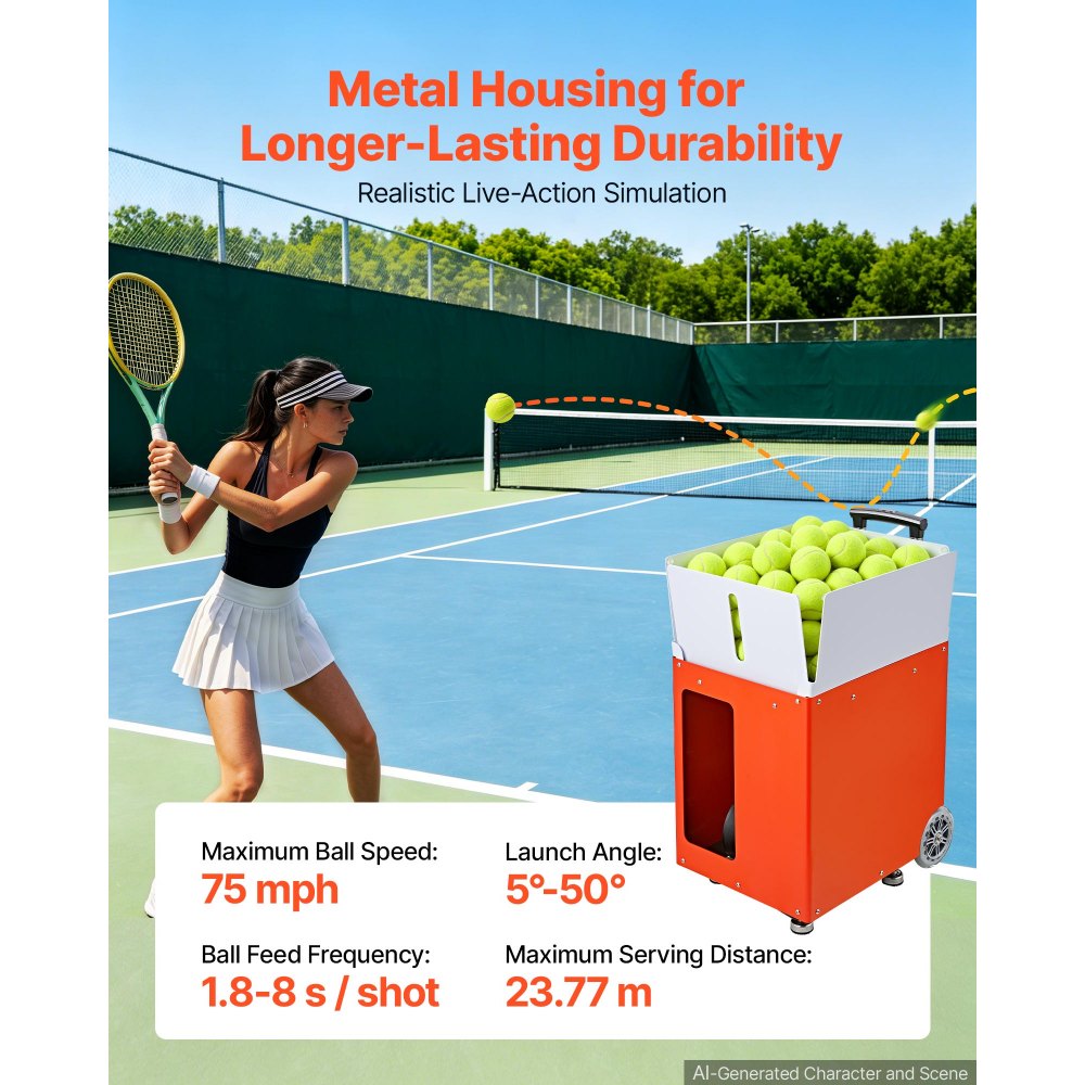 VEVOR Lanzador Automático de Tenis, de Metal, Capacidad para 110 Pelotas, Control Remoto Mediante Aplicación, 20 Modos, Batería de 4 Horas de Duración, Velocidades hasta 75 mph, para Entrenamiento