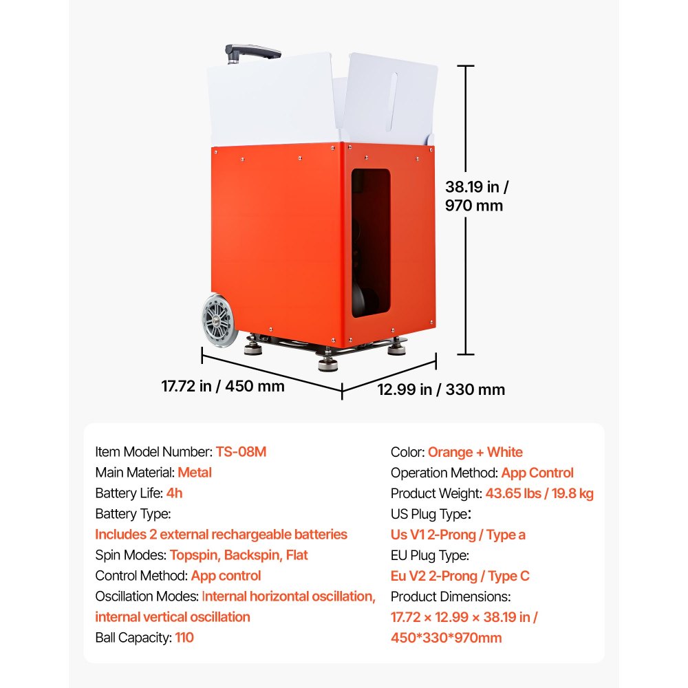 VEVOR Lanzador Automático de Tenis, de Metal, Capacidad para 110 Pelotas, Control Remoto Mediante Aplicación, 20 Modos, Batería de 4 Horas de Duración, Velocidades hasta 75 mph, para Entrenamiento