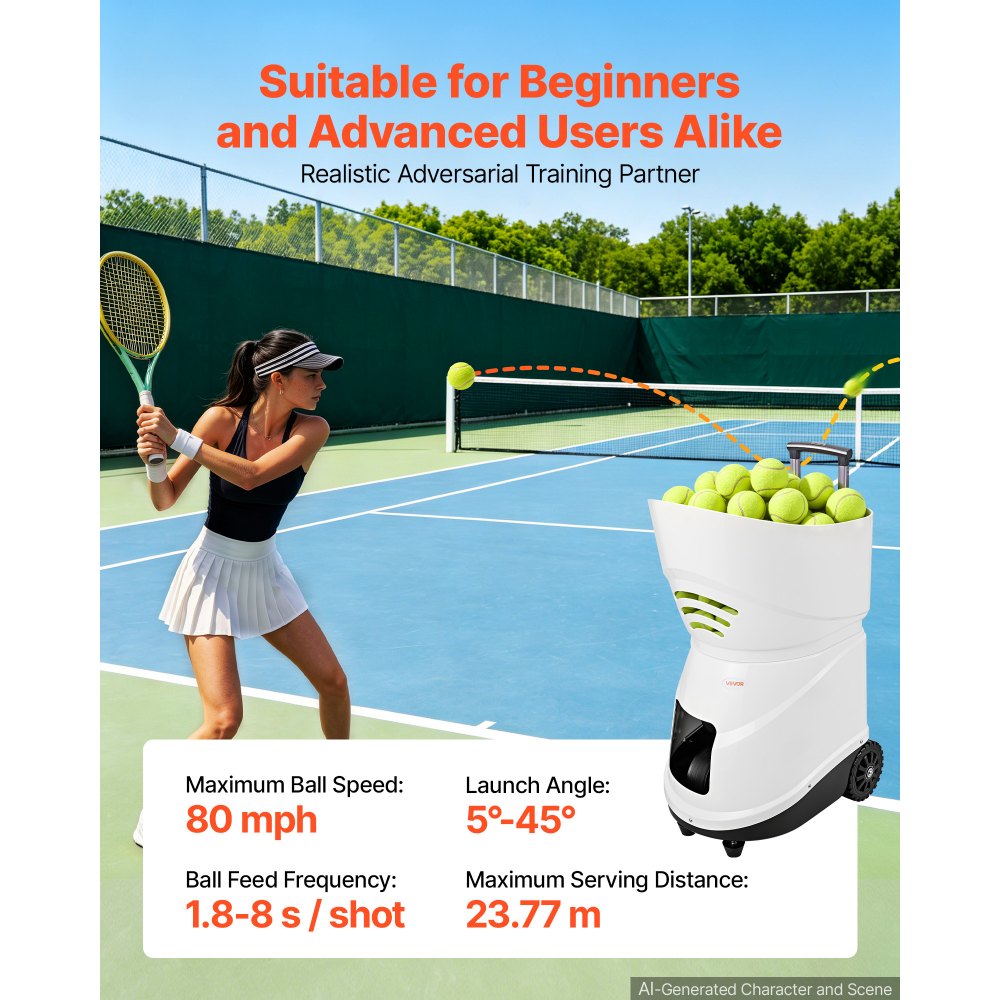VEVOR Lanzador Automático de Tenis, Plástico, Capacidad para 150 Pelotas, Control Remoto Mediante Aplicación, 20 Modos, Batería de 4 Horas de Duración, Velocidades hasta 80 mph, para Entrenamiento