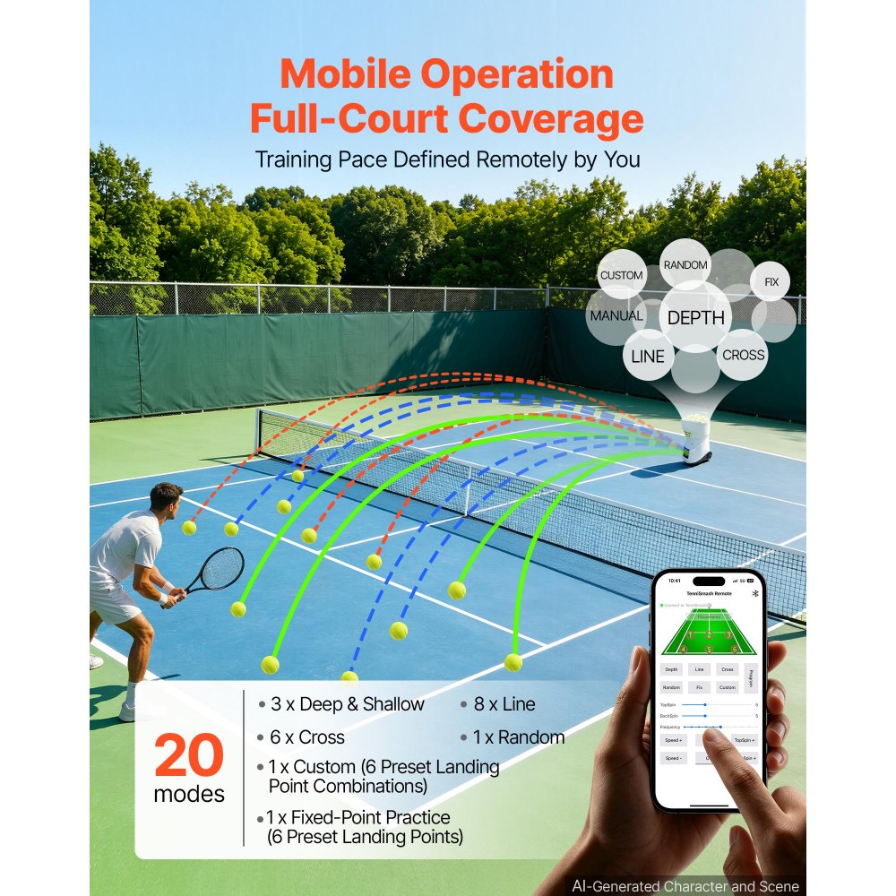 VEVOR Lanzador Automático de Tenis, Plástico, Capacidad para 150 Pelotas, Control Remoto Mediante Aplicación, 20 Modos, Batería de 4 Horas de Duración, Velocidades hasta 80 mph, para Entrenamiento