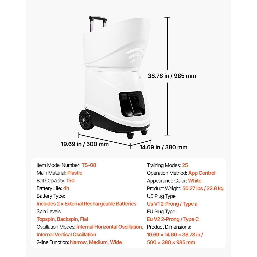 VEVOR Lanzador Automático de Tenis, Plástico, Capacidad para 150 Pelotas, Control Remoto Mediante Aplicación, 20 Modos, Batería de 4 Horas de Duración, Velocidades hasta 80 mph, para Entrenamiento